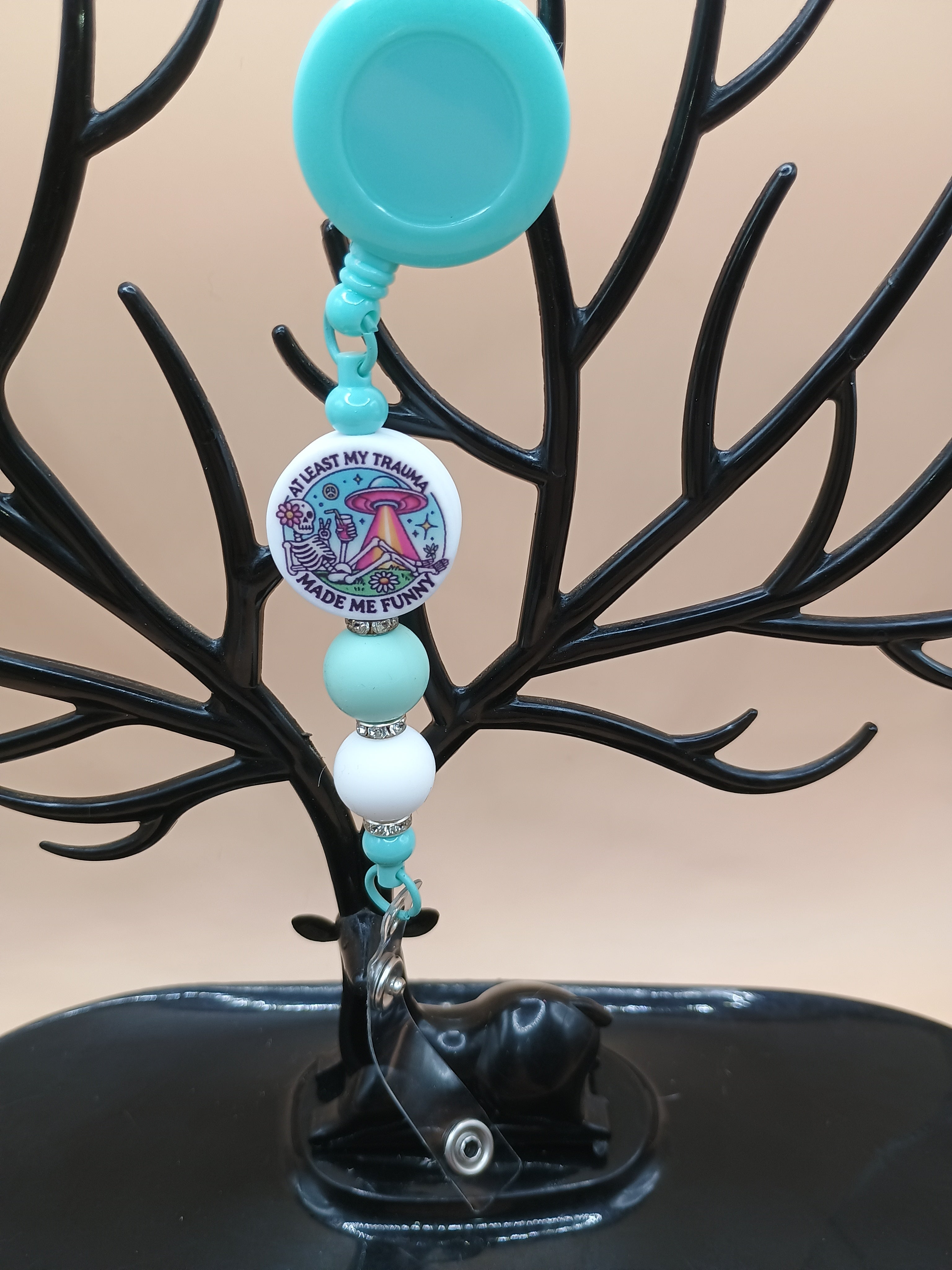 At Least My Trauma Made Me Funny” Beaded Badge Reel – Turquoise Retractable ID Holder