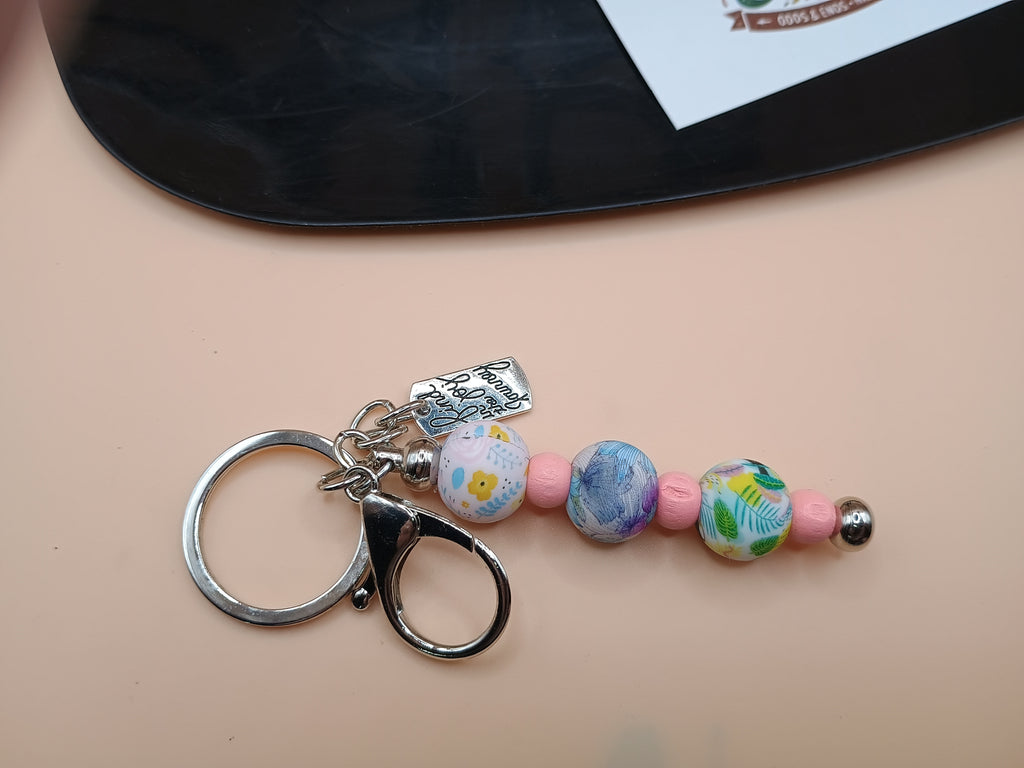 Floral Beaded Keychain with Pink Accents | Handmade Spring Keyring