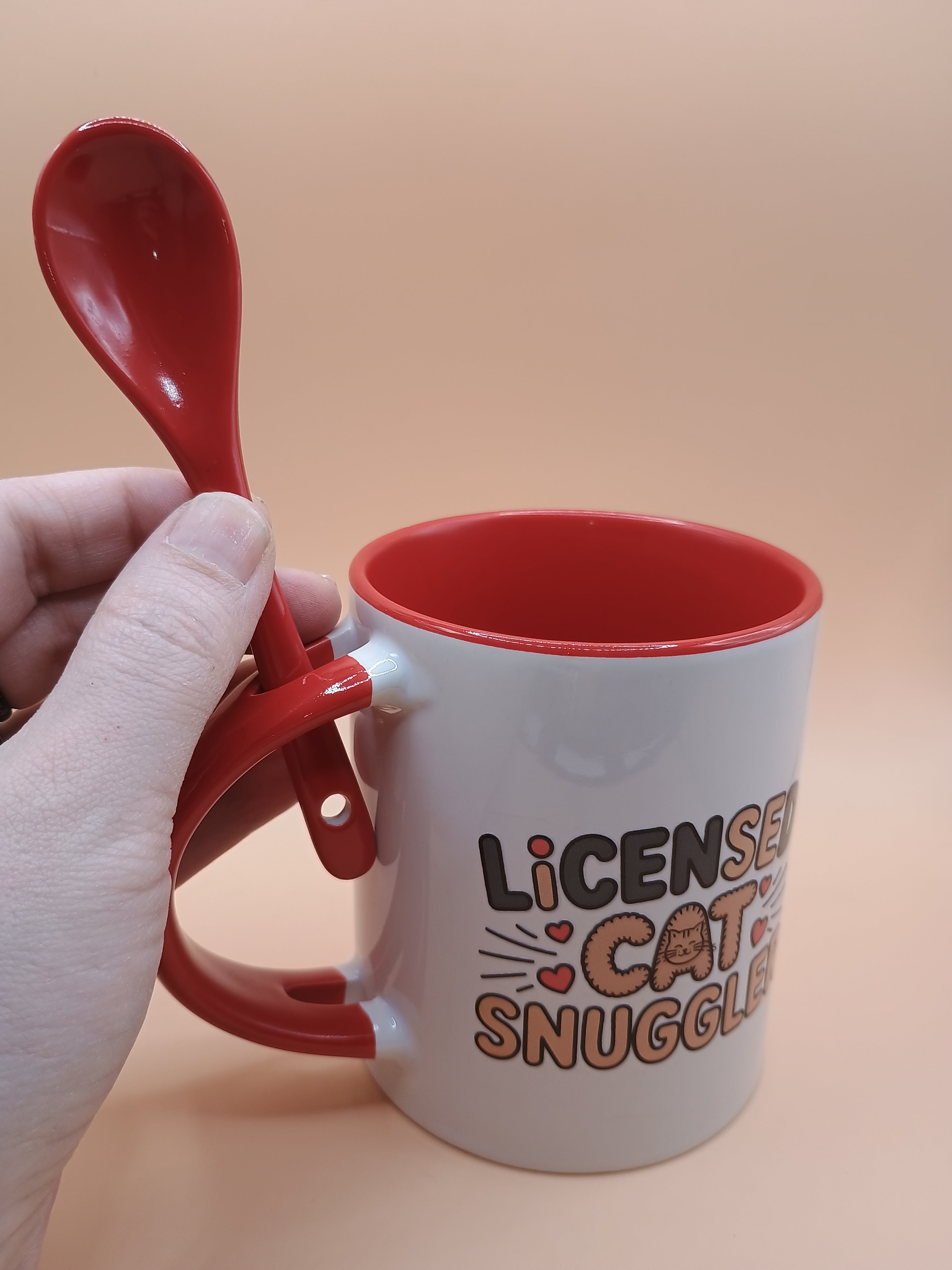 Licensed Cat Snuggler Ceramic Mug – White & Red Cat Lover Coffee Mug with Spoon