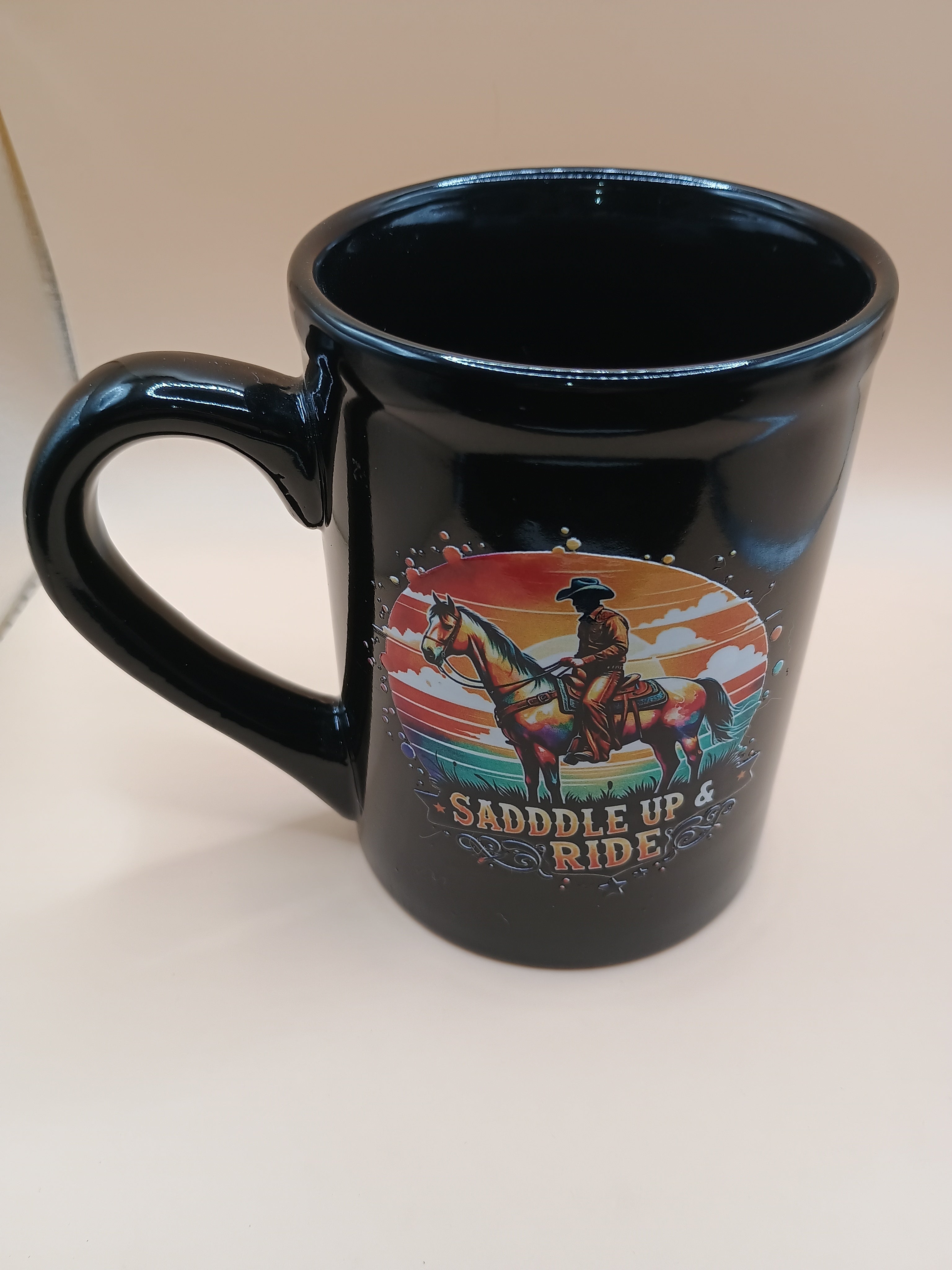 IMPERFECT Black Ceramic Mug – “Saddle Up & Ride” Cowboy Sunset UV DTF Design (Discounted)