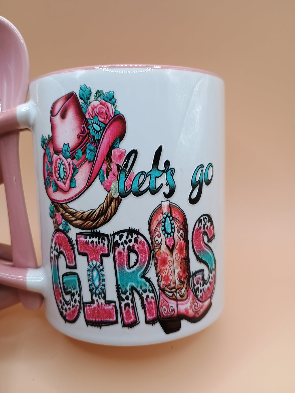 “Let’s Go Girls” Western Chic Ceramic Mug – White & Blush Pink Cowboy Coffee Cup with Spoon