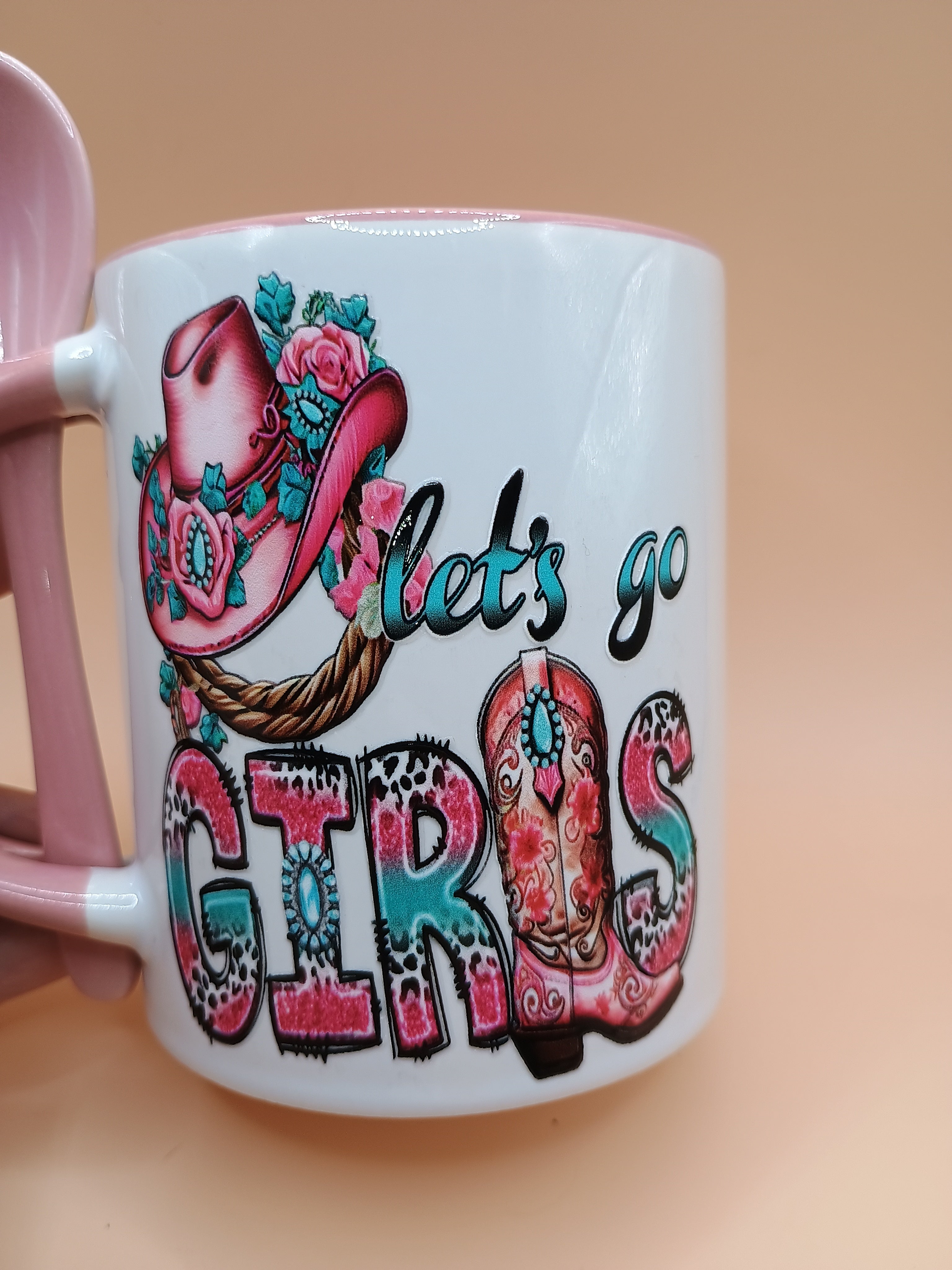 “Let’s Go Girls” Western Chic Ceramic Mug – White & Blush Pink Cowboy Coffee Cup with Spoon