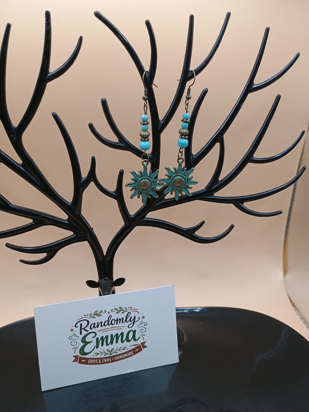 Faux Turquoise Sunburst Drop Earrings – Antique Bronze Celestial Boho Statement Earrings