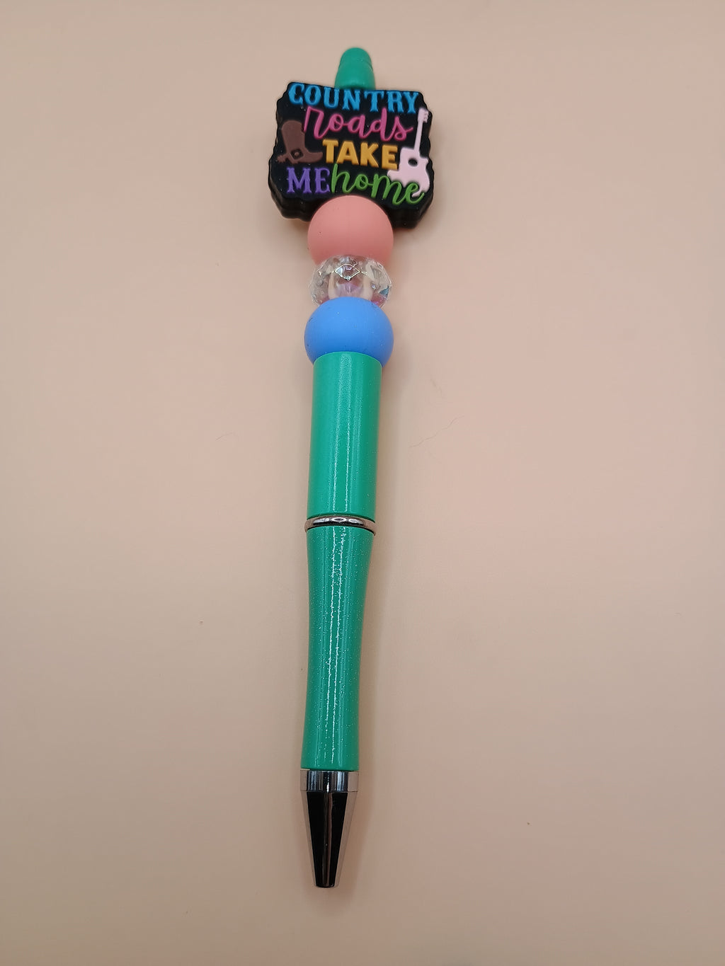 “Country Roads Take Me Home” Turquoise Beaded Pen – Handmade 1.0 Ink Pen