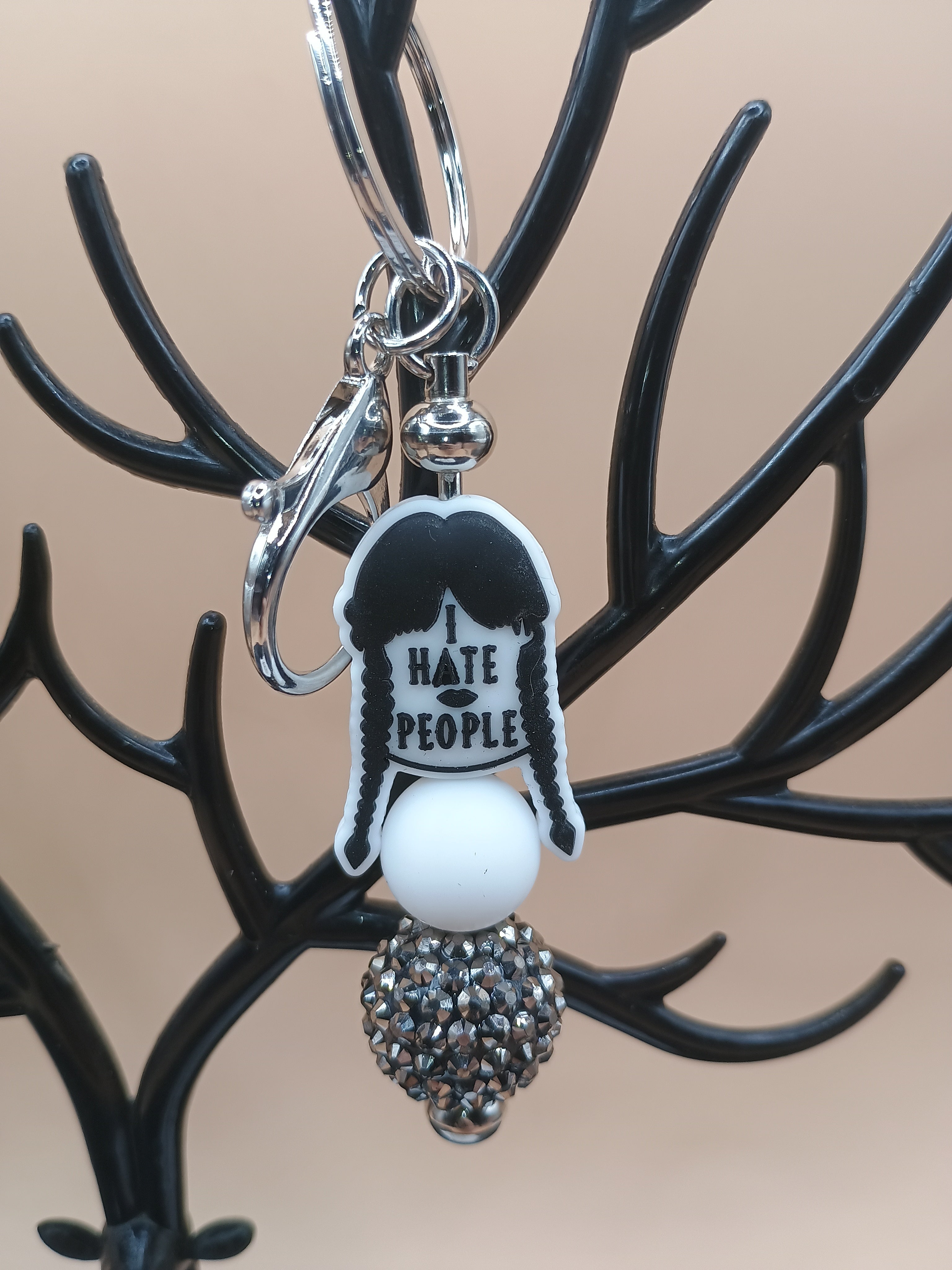 “I Hate People” Gothic Beaded Keychain – Wednesday-Inspired Silver Bag Charm
