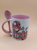 “Let’s Go Girls” Western Chic Ceramic Mug – White & Blush Pink Cowboy Coffee Cup with Spoon