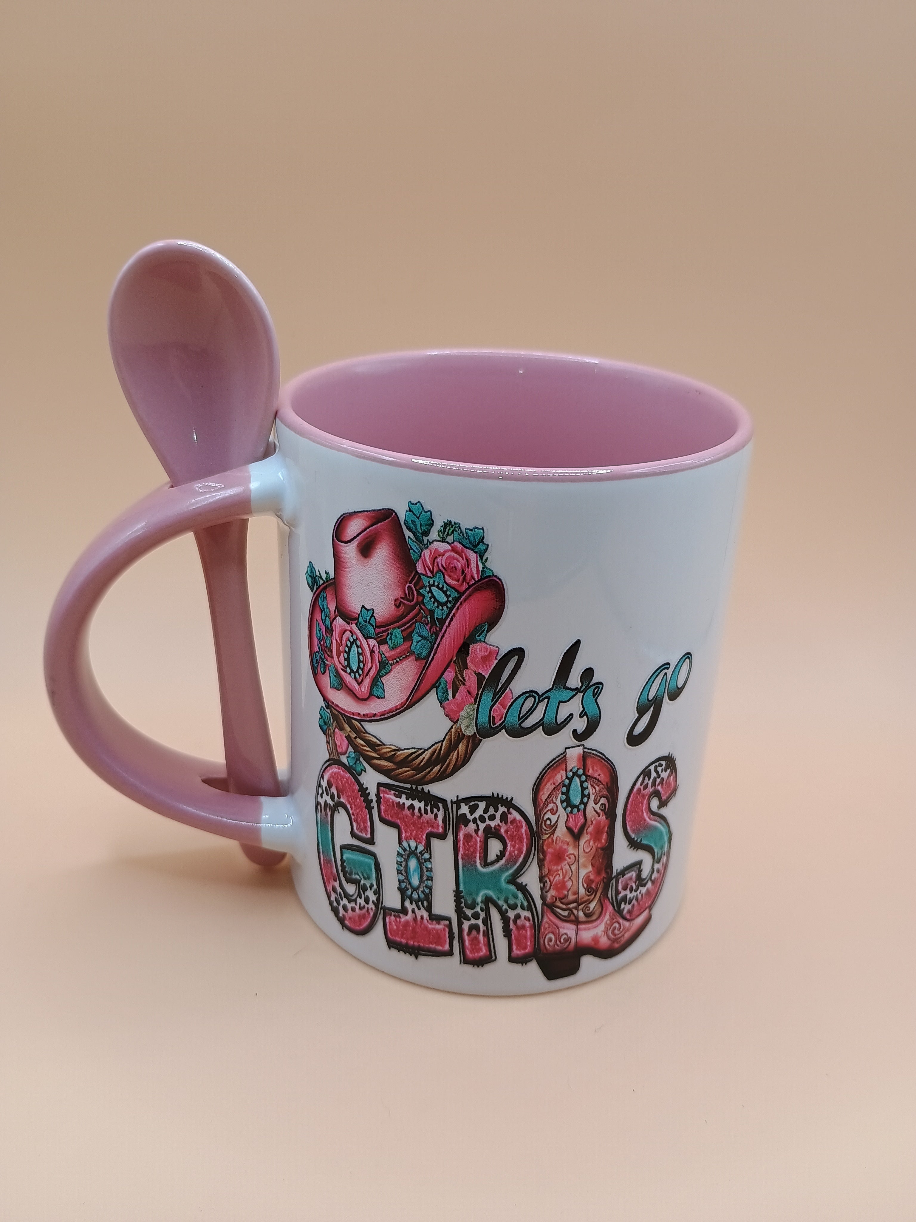“Let’s Go Girls” Western Chic Ceramic Mug – White & Blush Pink Cowboy Coffee Cup with Spoon
