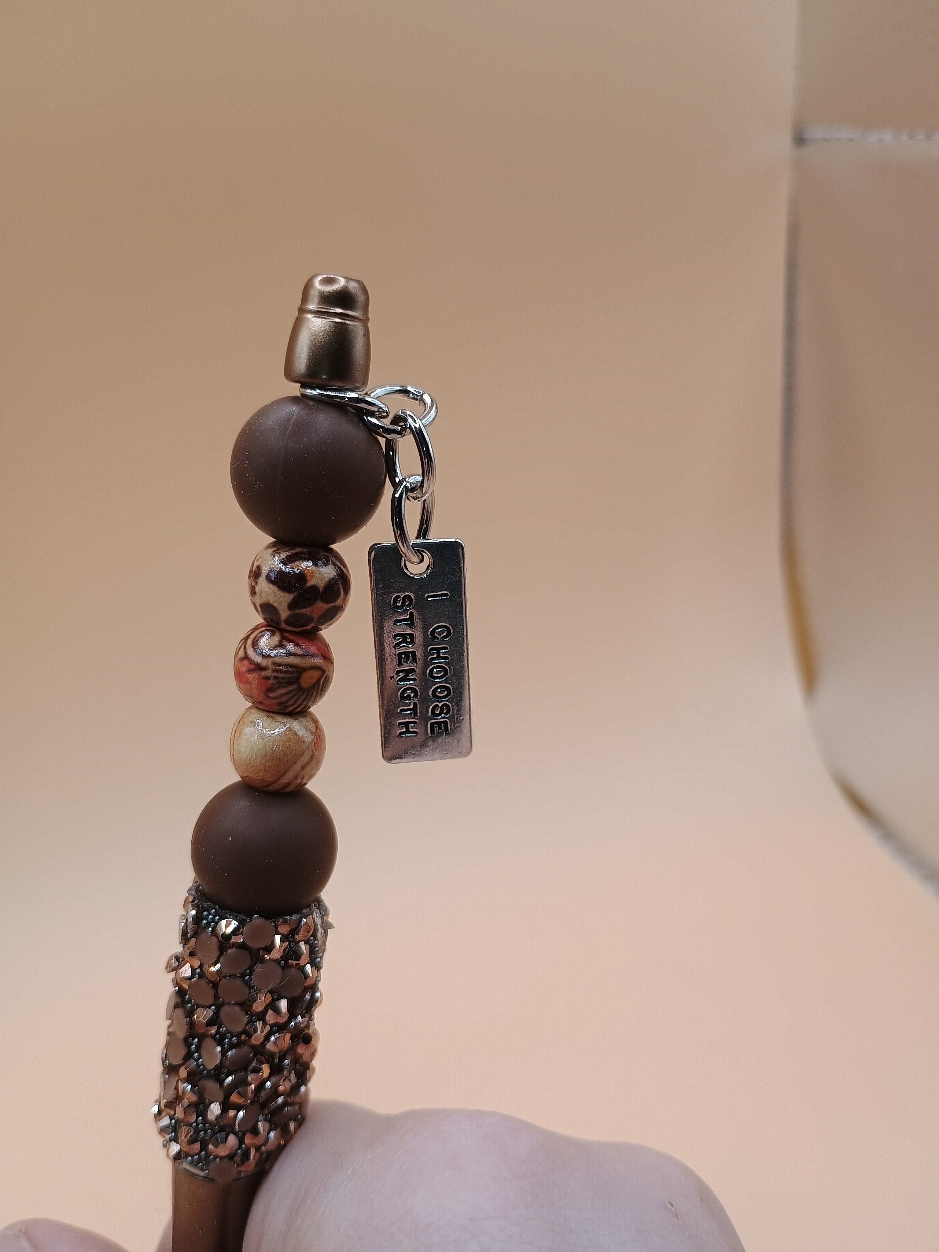 “I Choose Strength” Metallic Brown Beaded Pen – Handmade 1.0 Ink Pen