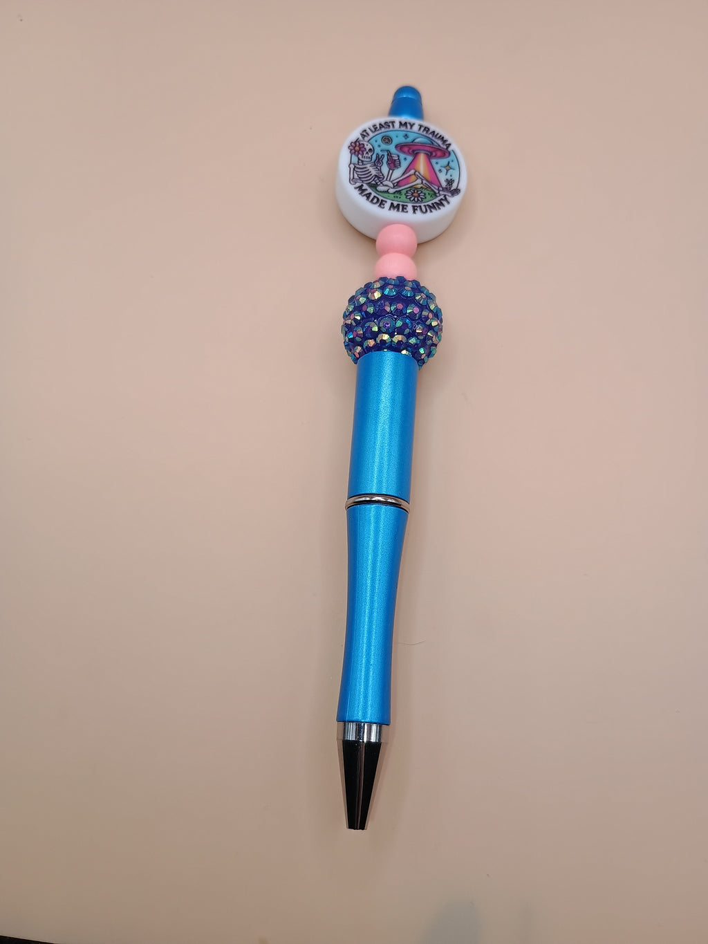 Trauma Made Me Funny Skeleton Space Beaded Pen – Blue Handmade 1.0 Ink Pen