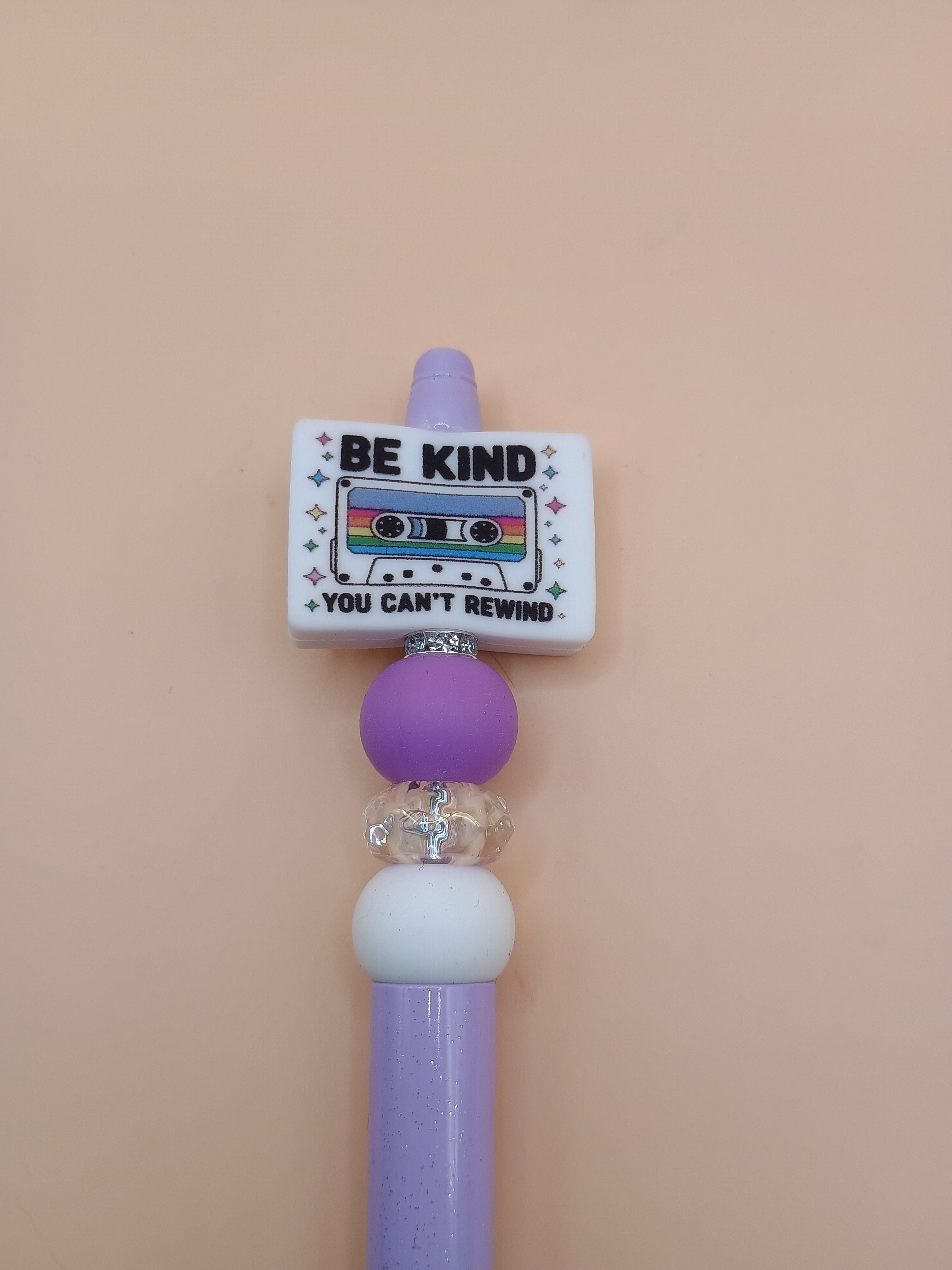 Be Kind. You Can’t Rewind – Purple Beaded Pen with Inspirational Focal Bead