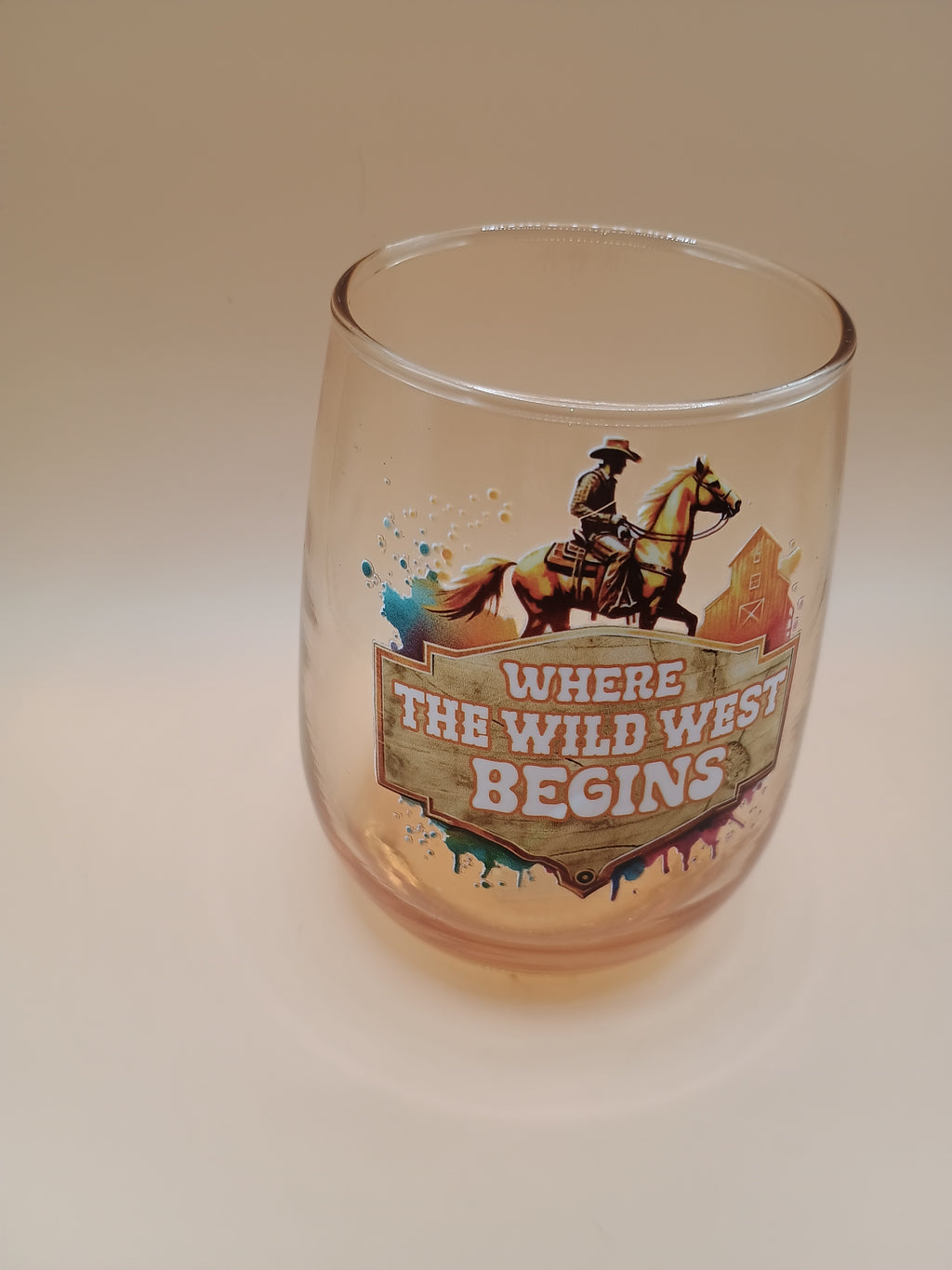 IMPERFECT “Where the Wild West Begins” Orange Tinted Stemless Wine Glass (Discounted)
