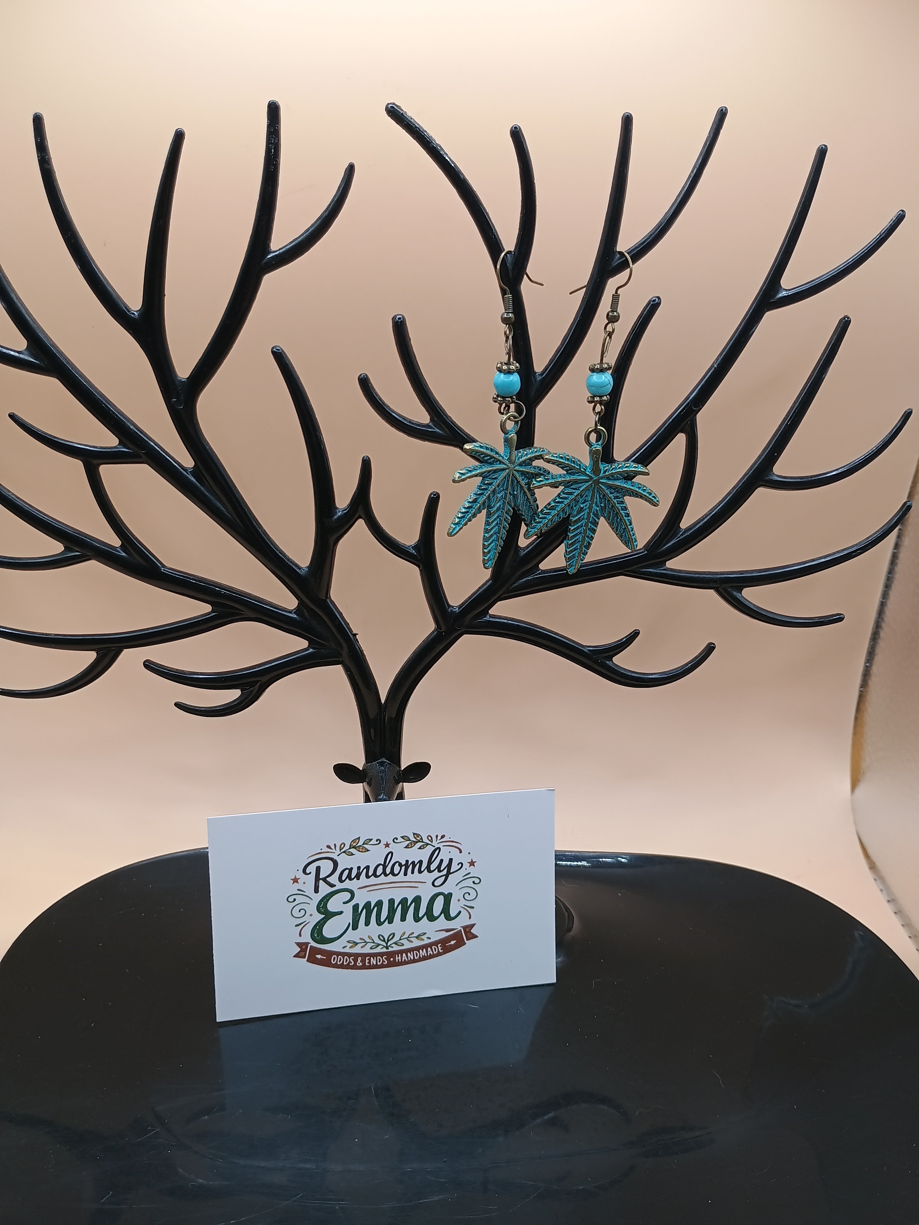 Faux Turquoise 420 Leaf Drop Earrings – Antique Bronze Botanical Statement Earrings