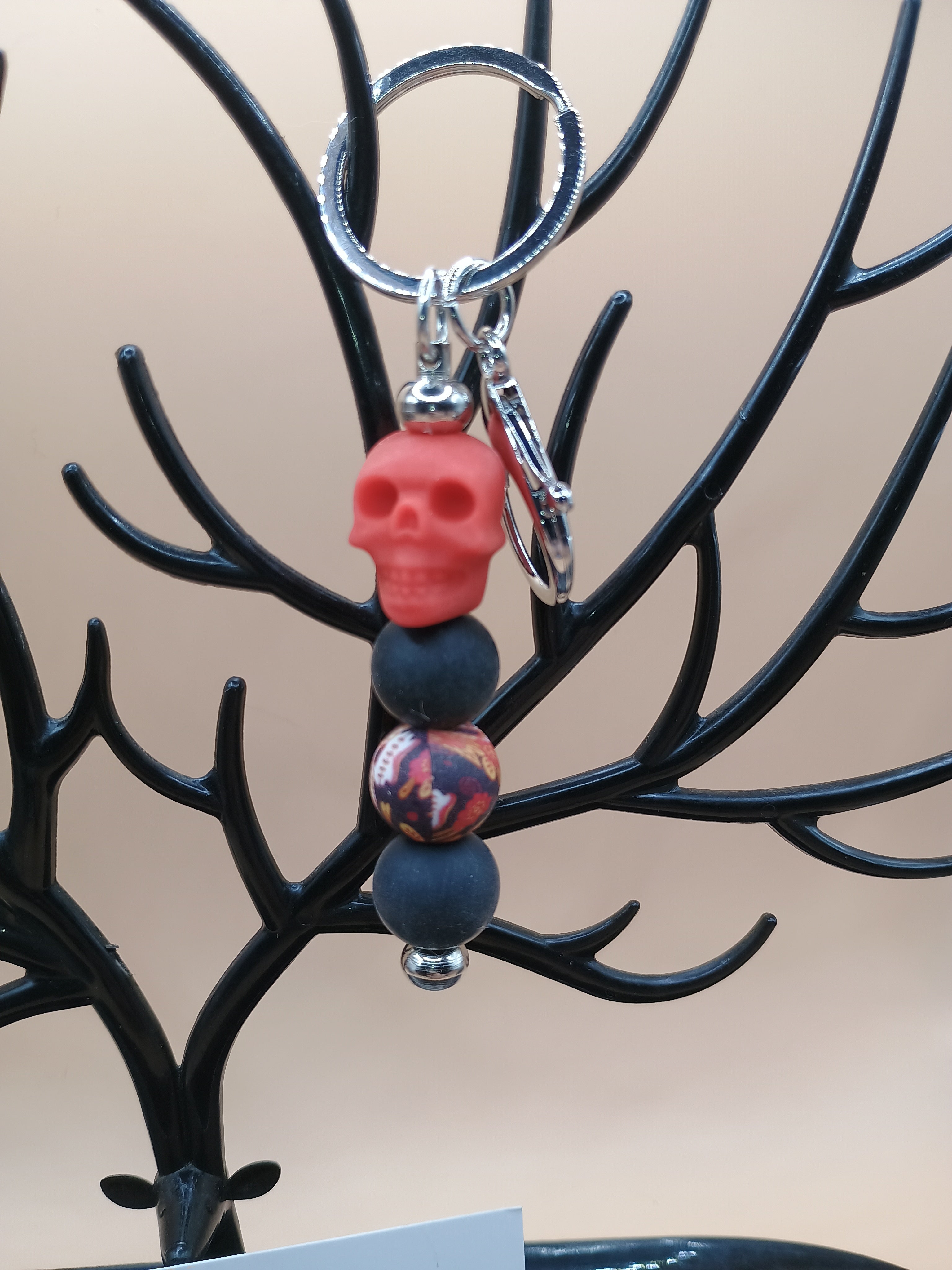 Skeleton Skull Beaded Keychain – Silver Metal Keychain (2 Floral Design Options)