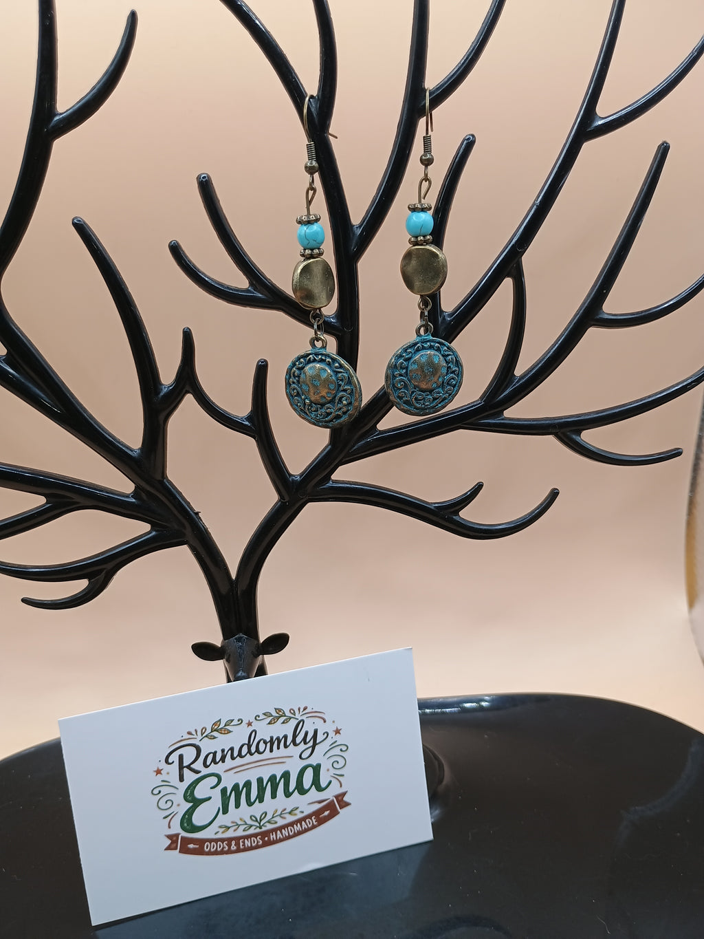 Faux Turquoise & Antique Bronze Filigree Dangle Earrings – Rustic Vintage Statement Earrings
