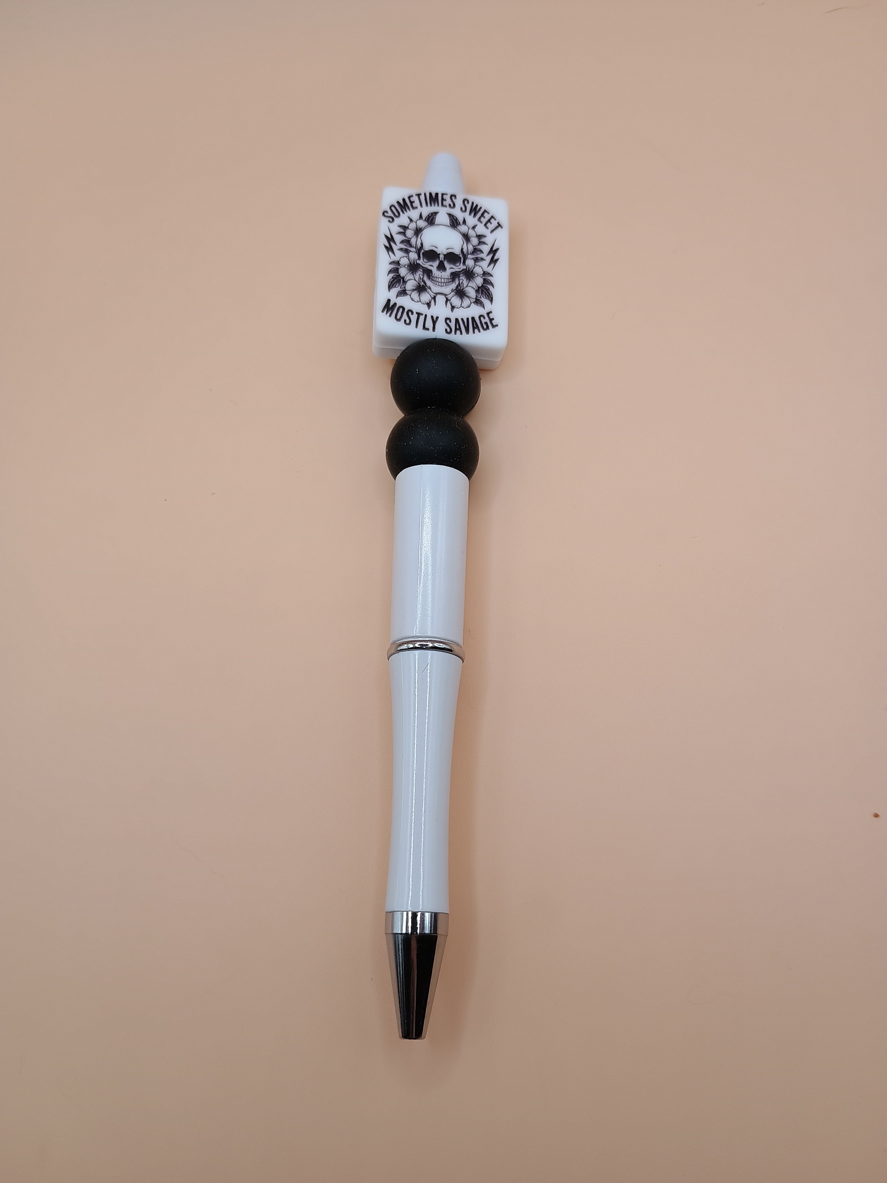 “Sometimes Sweet Mostly Savage” Skull Beaded Pen – White & Black Handmade 1.0 Ink Pen