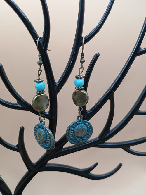 Faux Turquoise & Antique Bronze Filigree Dangle Earrings – Rustic Vintage Statement Earrings