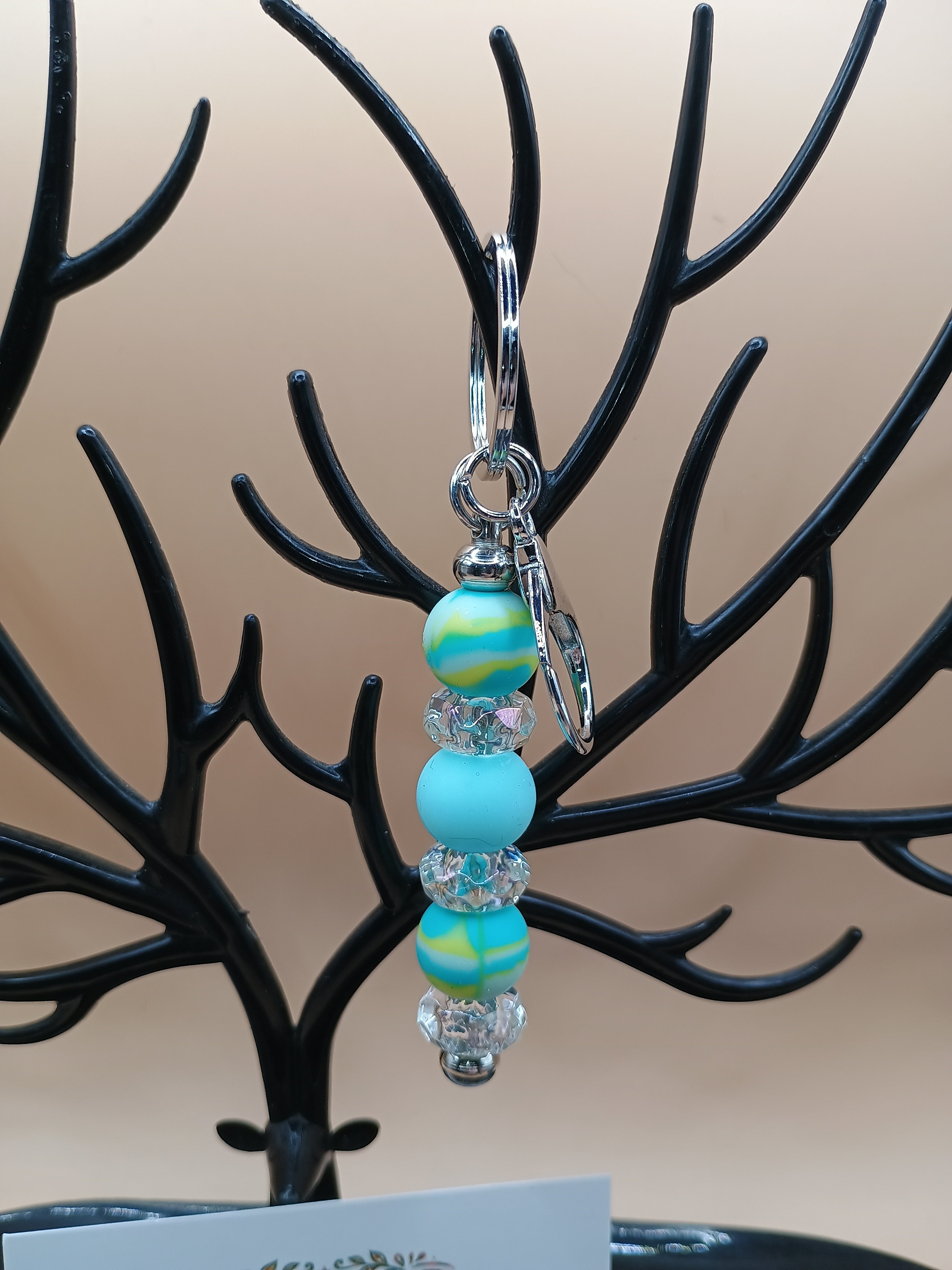 Silver Metal Keychain with Planet-Inspired Beads