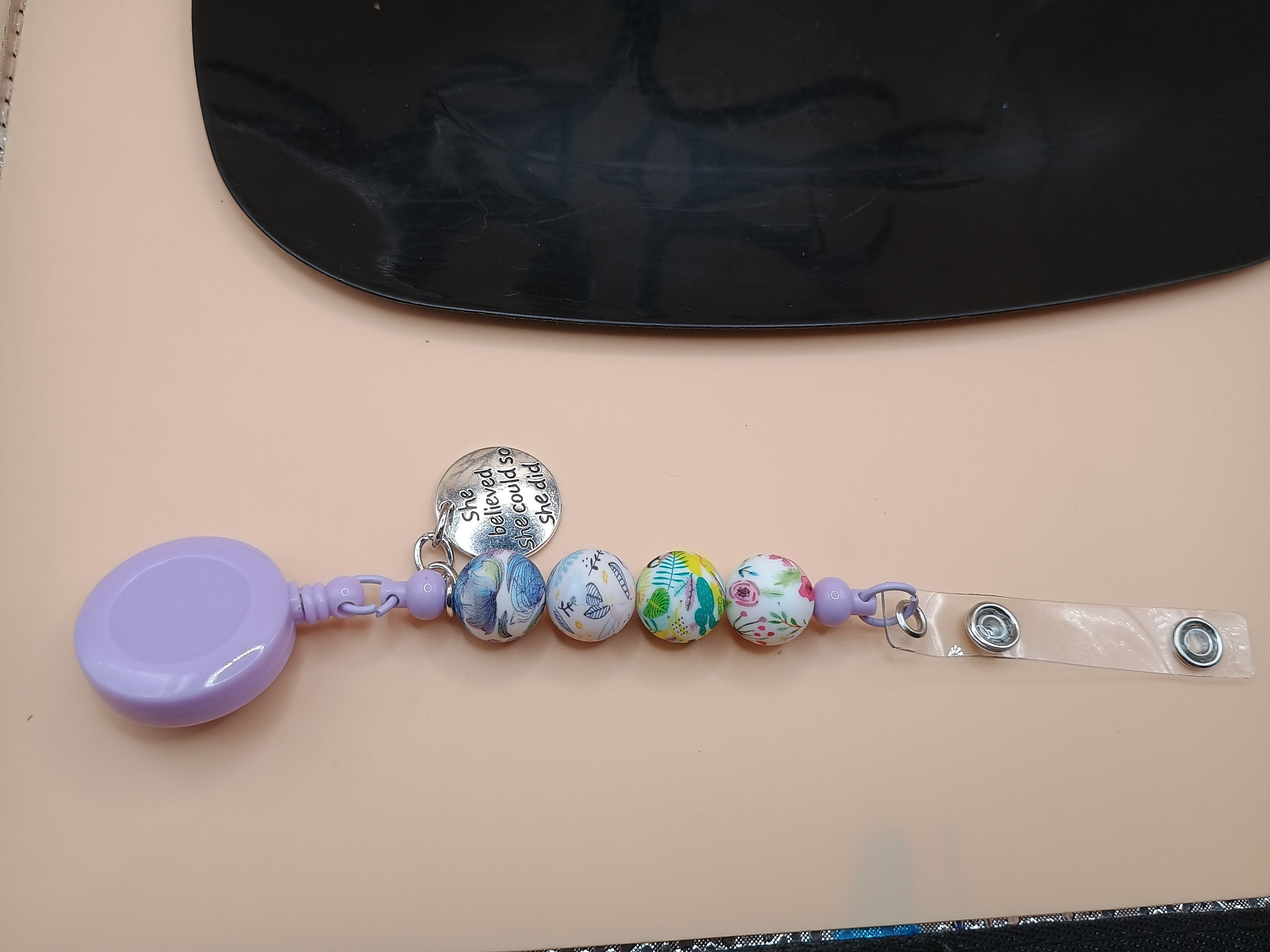 “She Believed She Could So She Did” Beaded Badge Reel – Purple Retractable ID Holder