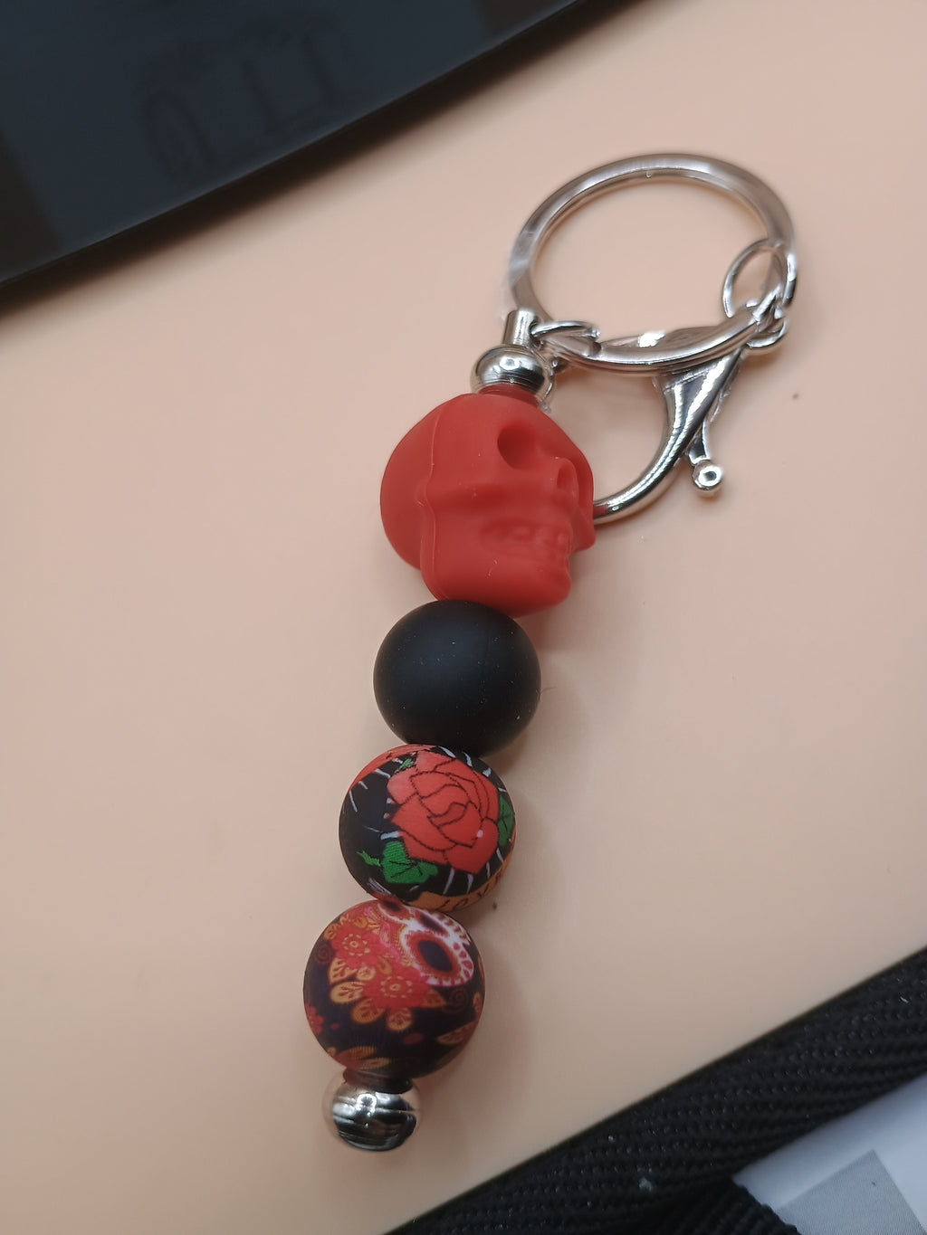 Skeleton Skull Beaded Keychain – Silver Metal Keychain (2 Floral Design Options)
