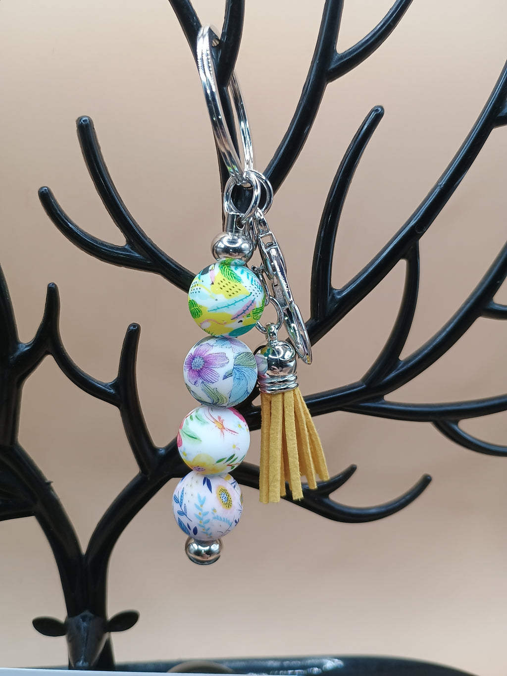 Multicolor Floral Beaded Keychain – Silver Metal Keychain with Yellow Tassel