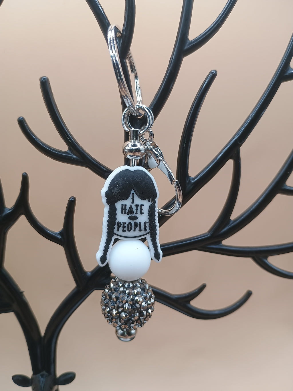 “I Hate People” Gothic Beaded Keychain – Wednesday-Inspired Silver Bag Charm