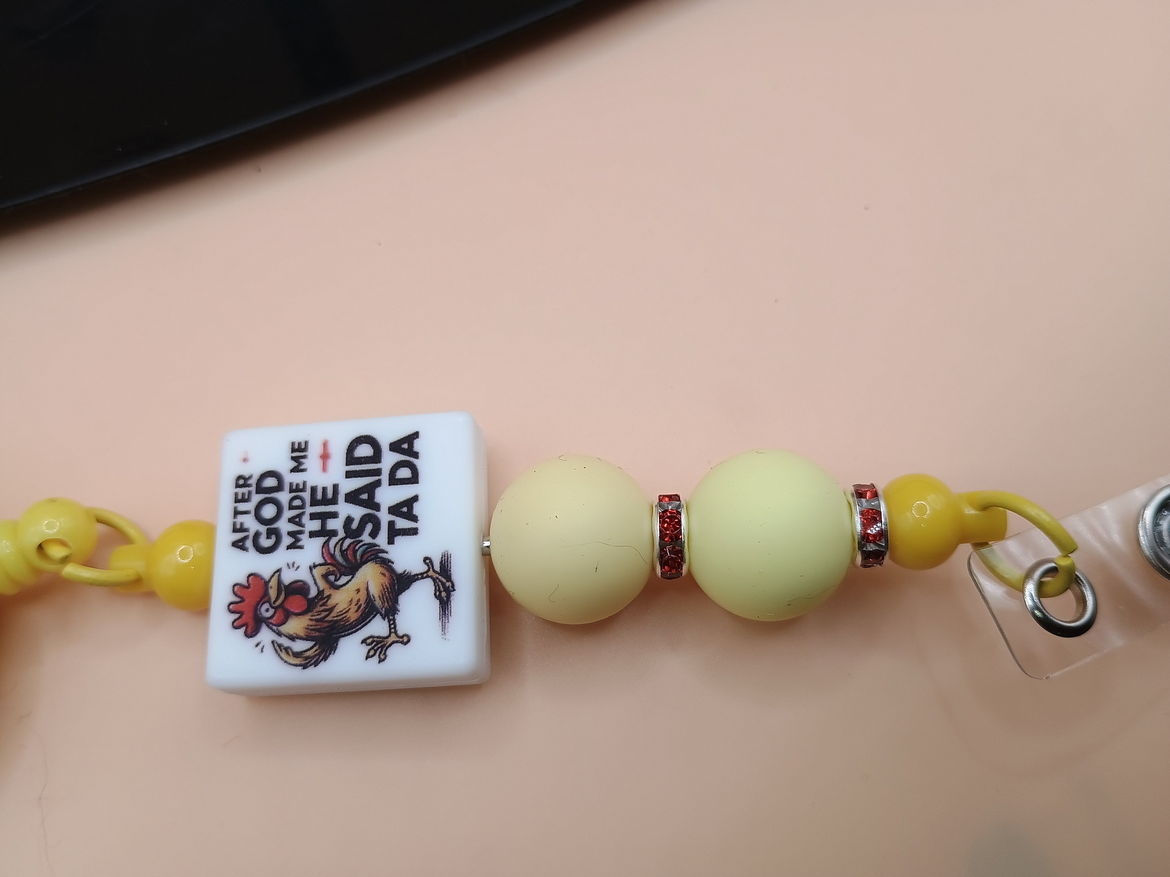 “When God Made Me He Said Ta Da” Rooster Beaded Badge Reel – Yellow Retractable ID Holder