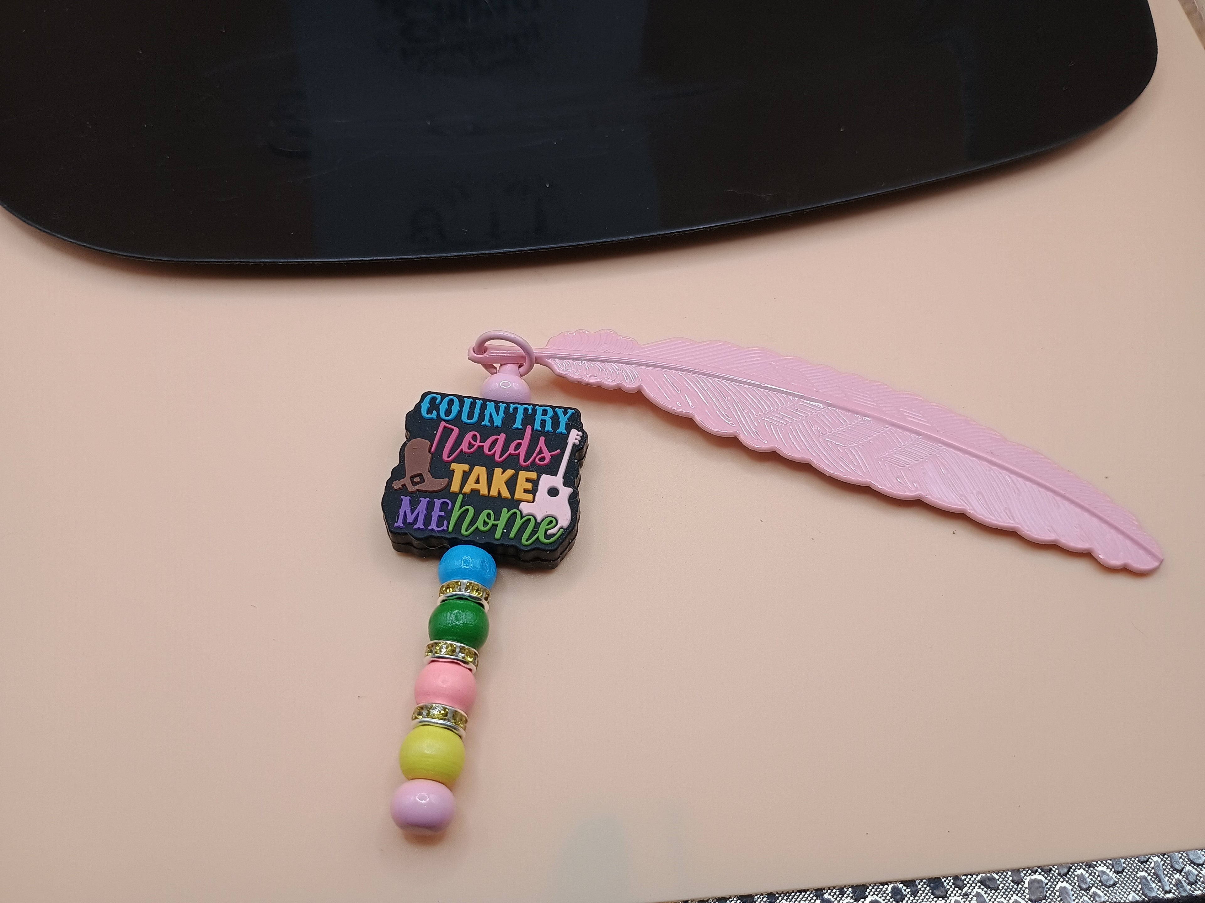 “Country Roads Take Me Home” Cowboy Boots Feather Bookmark – Pink Metal Beaded Bookmark