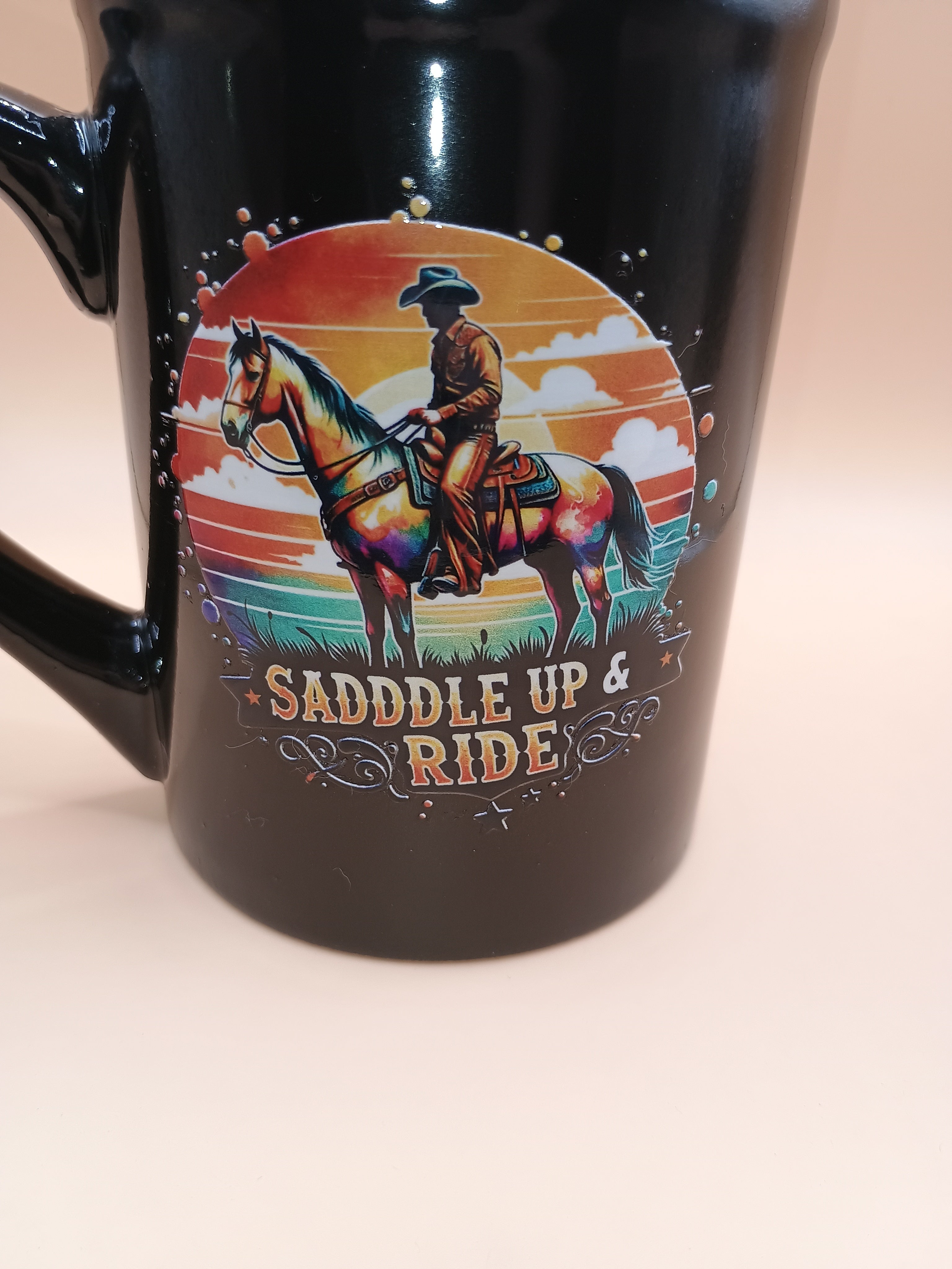 IMPERFECT Black Ceramic Mug – “Saddle Up & Ride” Cowboy Sunset UV DTF Design (Discounted)