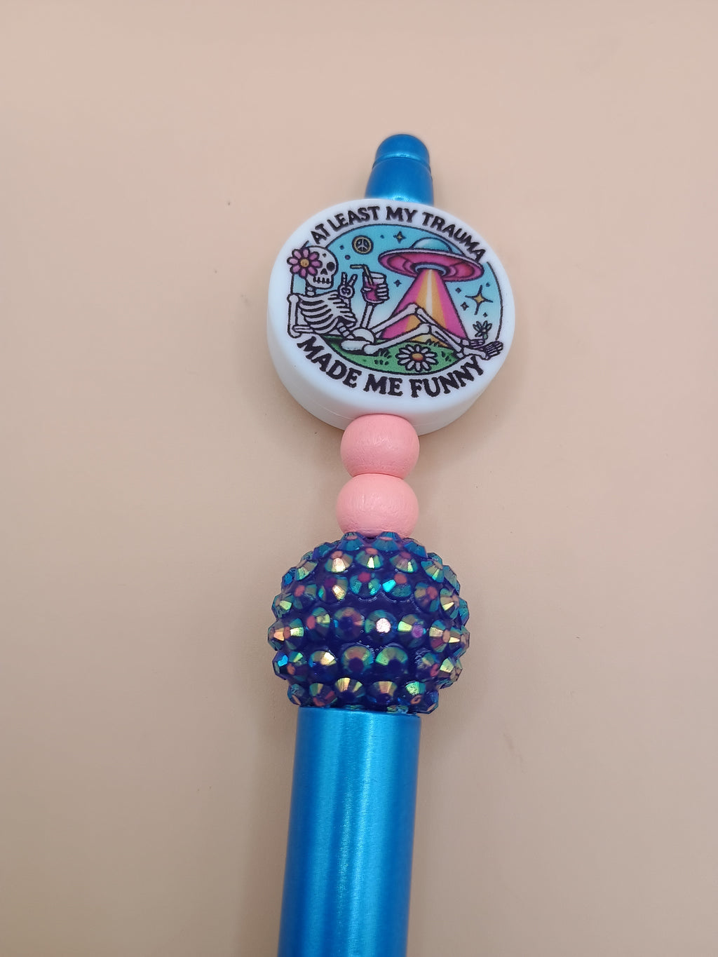 Trauma Made Me Funny Skeleton Space Beaded Pen – Blue Handmade 1.0 Ink Pen