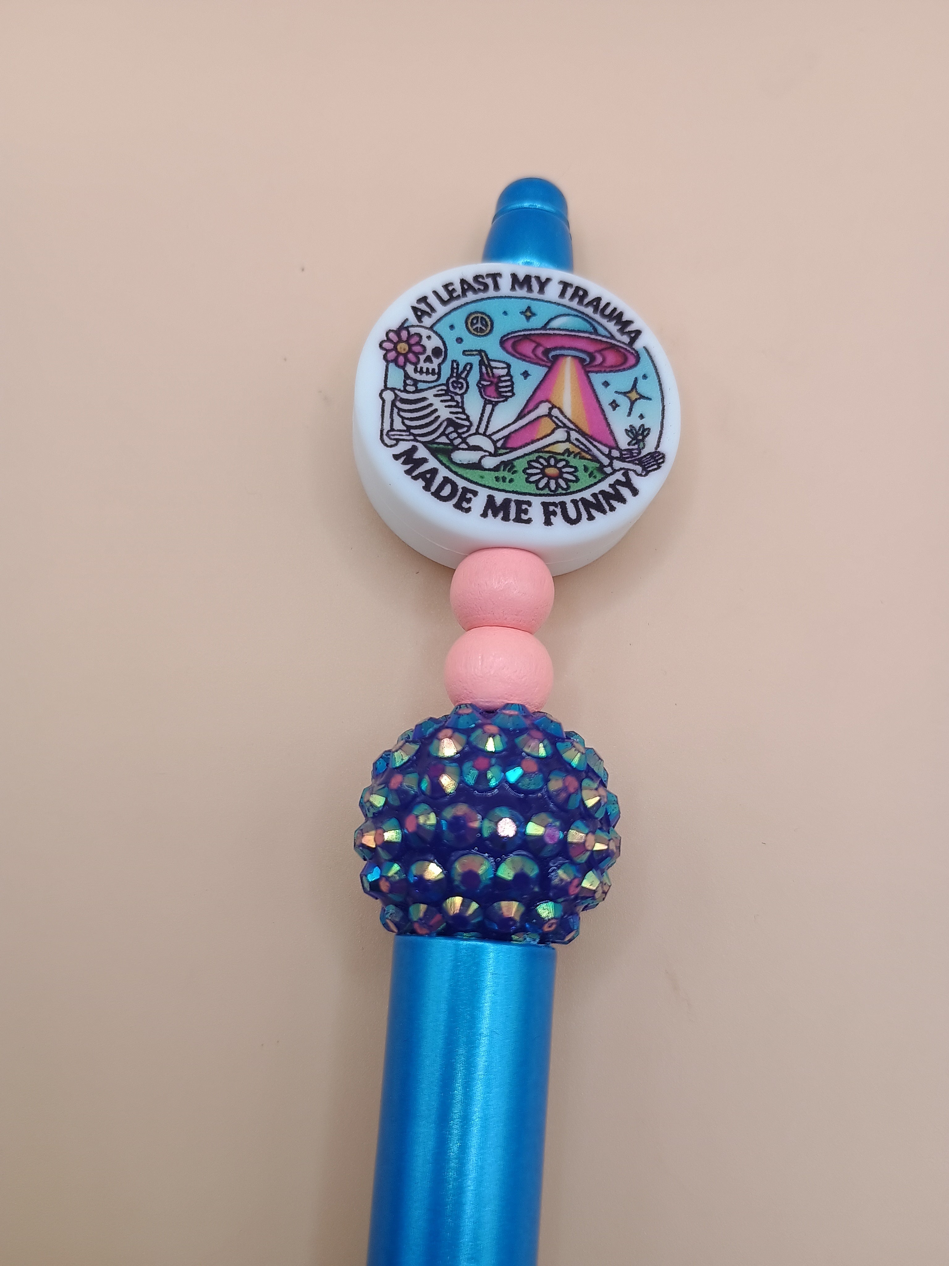 Trauma Made Me Funny Skeleton Space Beaded Pen – Blue Handmade 1.0 Ink Pen