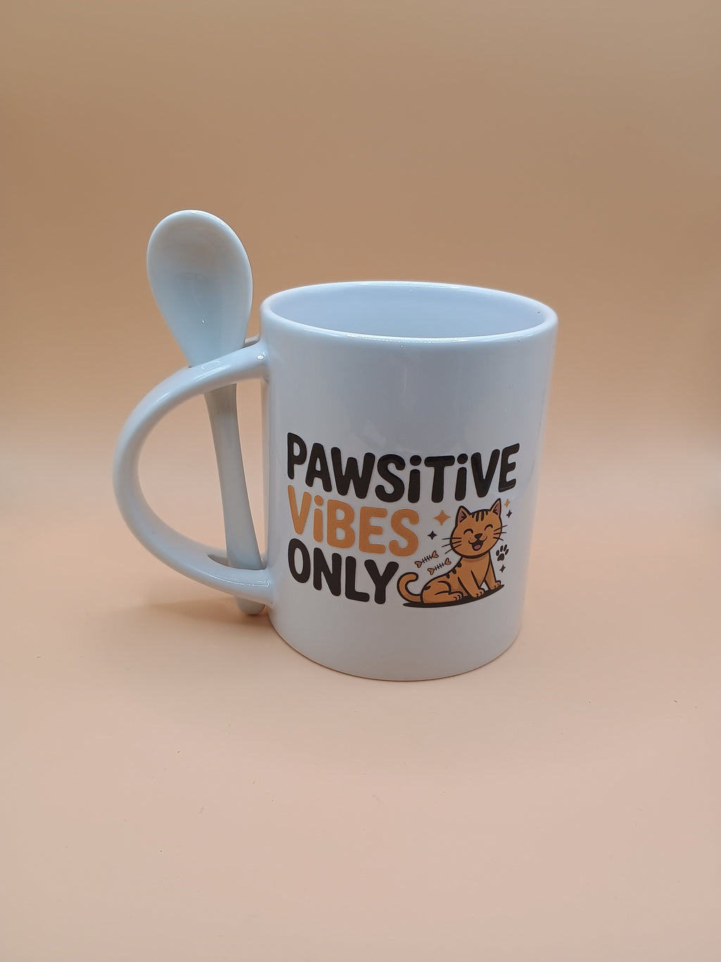 “Pawsitive Vibes Only” Cat Mug – All White Ceramic Coffee Cup with Spoon