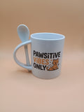 “Pawsitive Vibes Only” Cat Mug – All White Ceramic Coffee Cup with Spoon