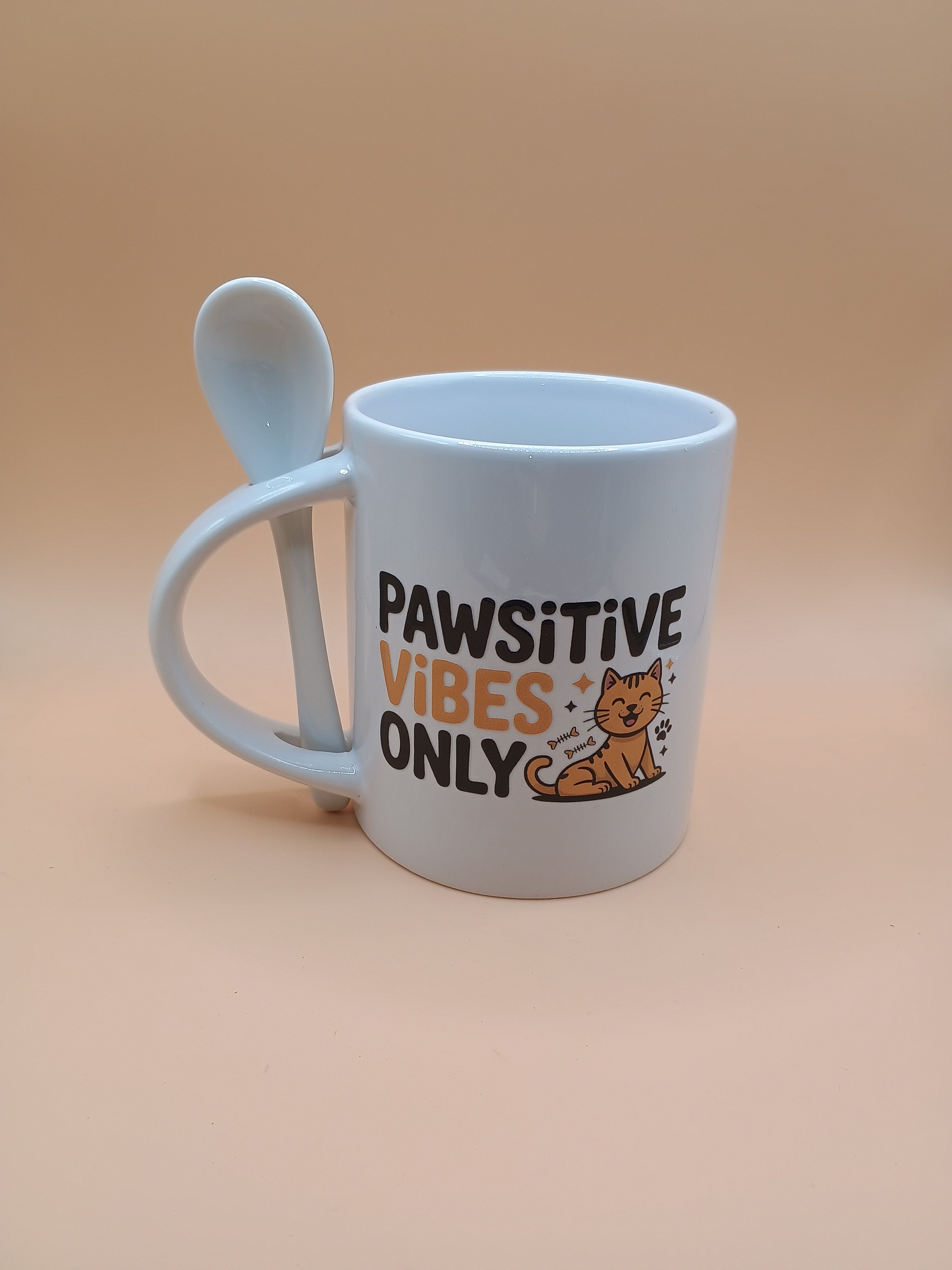 “Pawsitive Vibes Only” Cat Mug – All White Ceramic Coffee Cup with Spoon