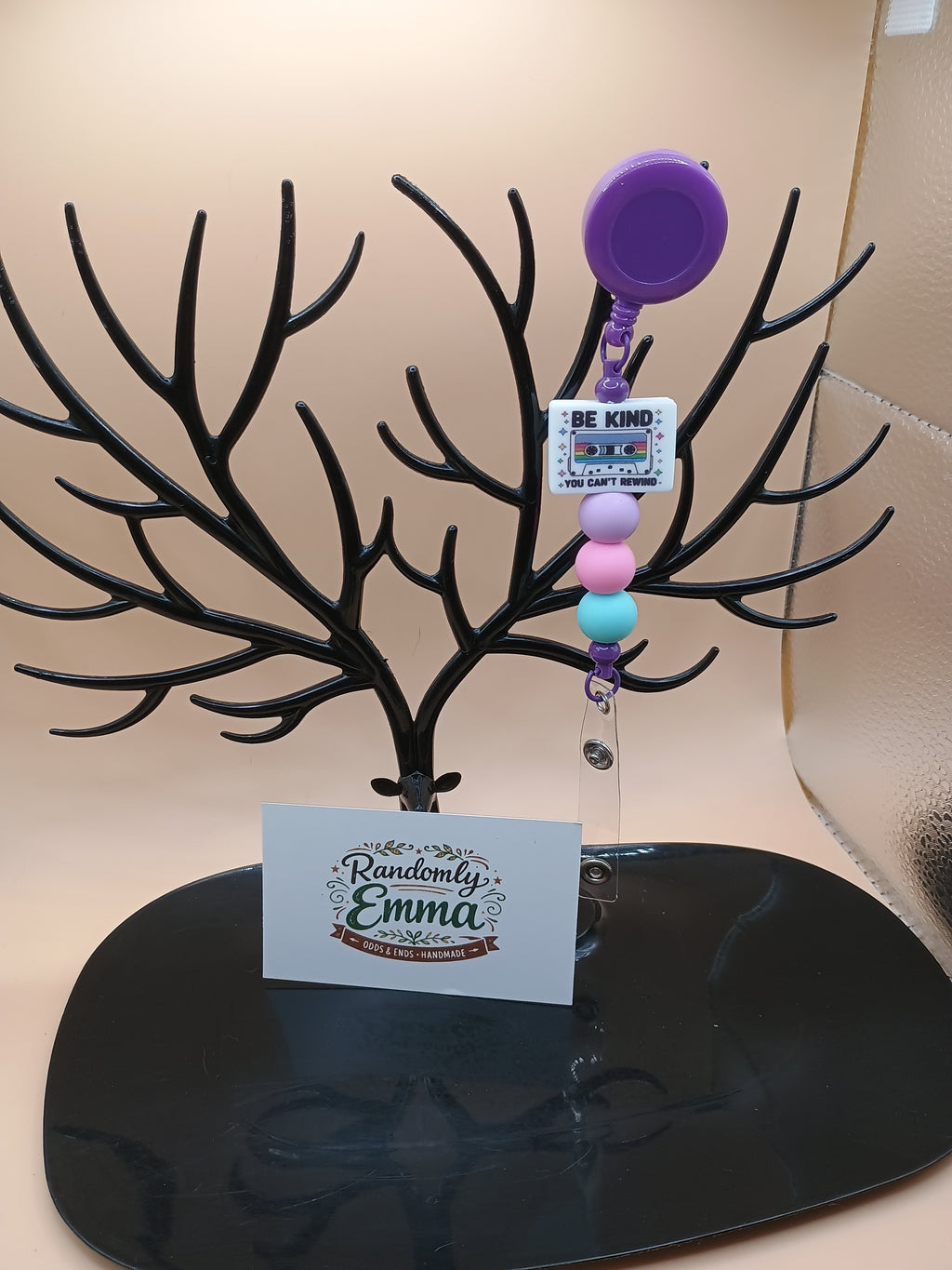 “Be Kind You Can’t Rewind” Beaded Badge Reel – Purple Retractable ID Holder