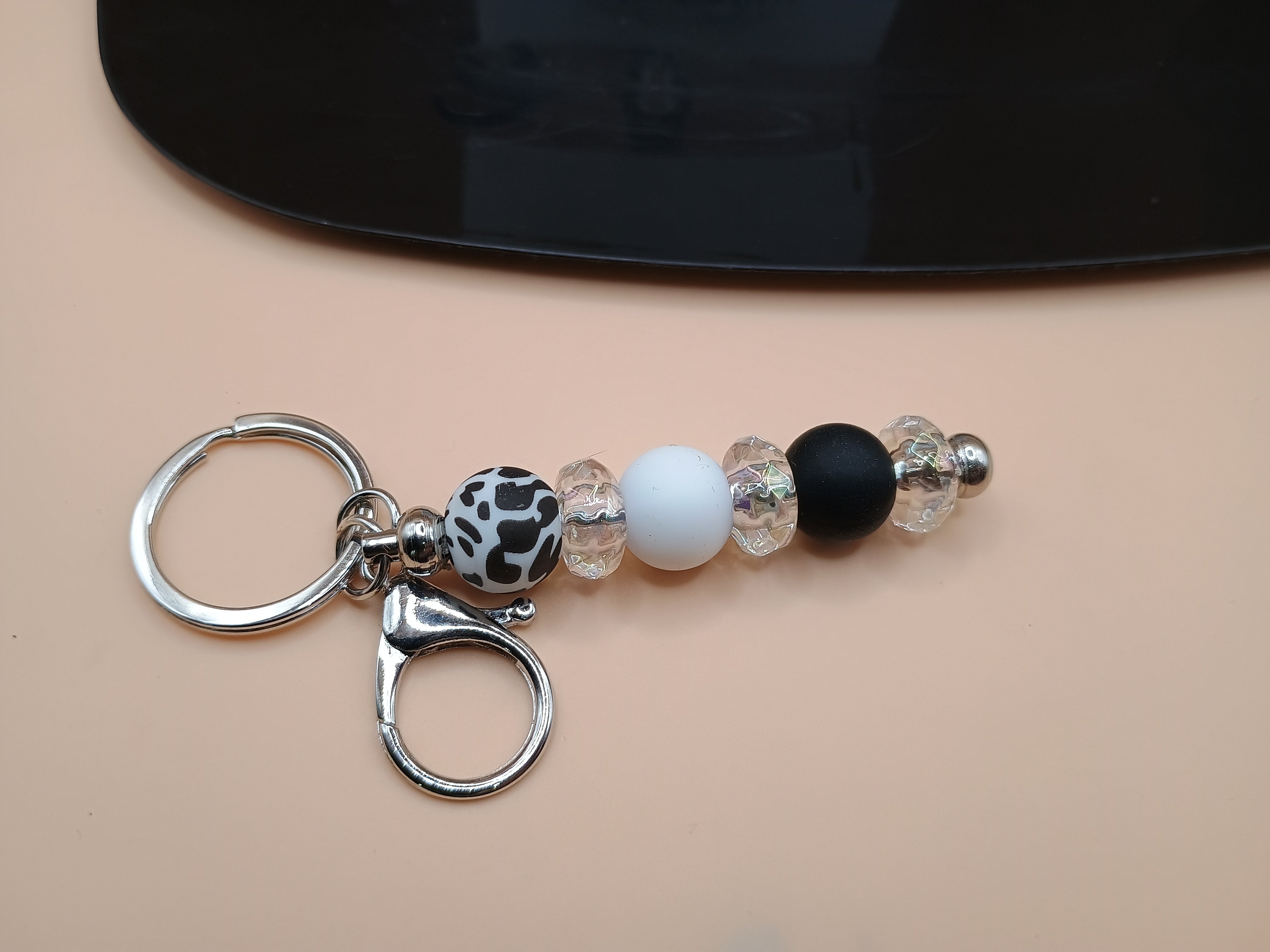 Black & White Beaded Keychain | Minimalist Monochrome Keyring with Lobster Clasp | Handmade Bag Charm