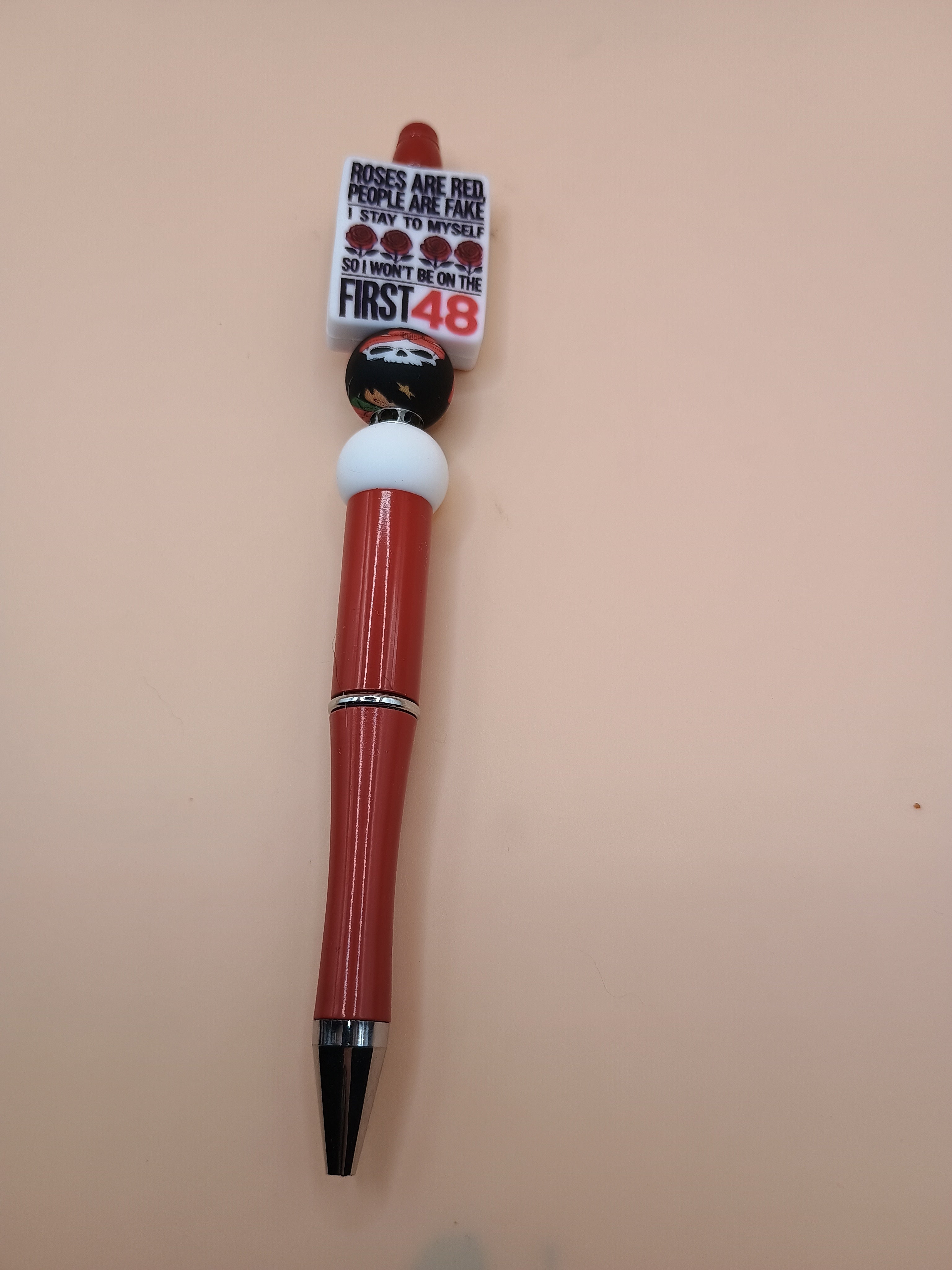 First 48 Skull Beaded Pen – Red Handmade 1.0 Ink Pen with Dark Humor Quote