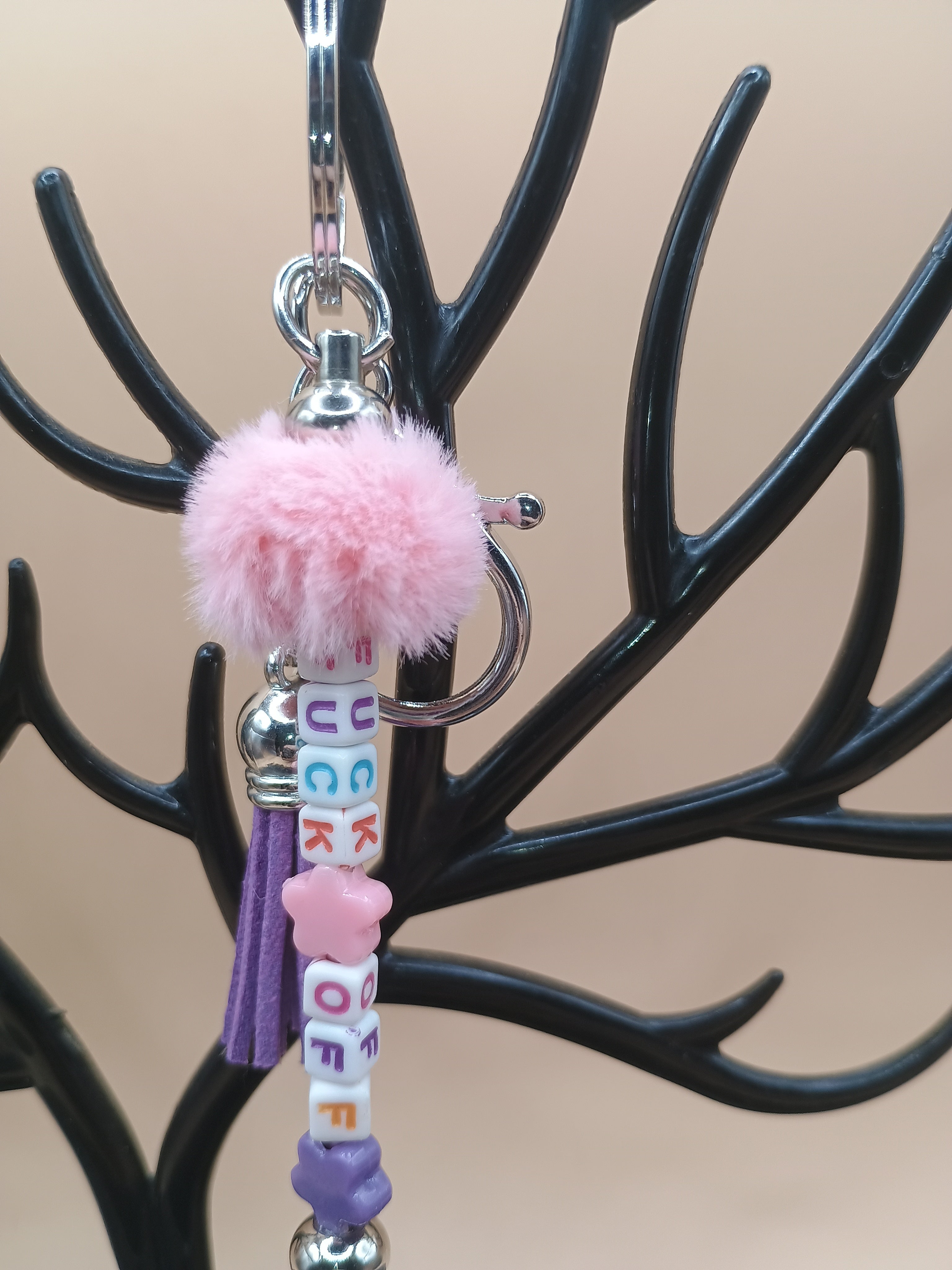 “F*ck Off” Pink Fluffy Beaded Keychain – Silver Metal Bag Charm