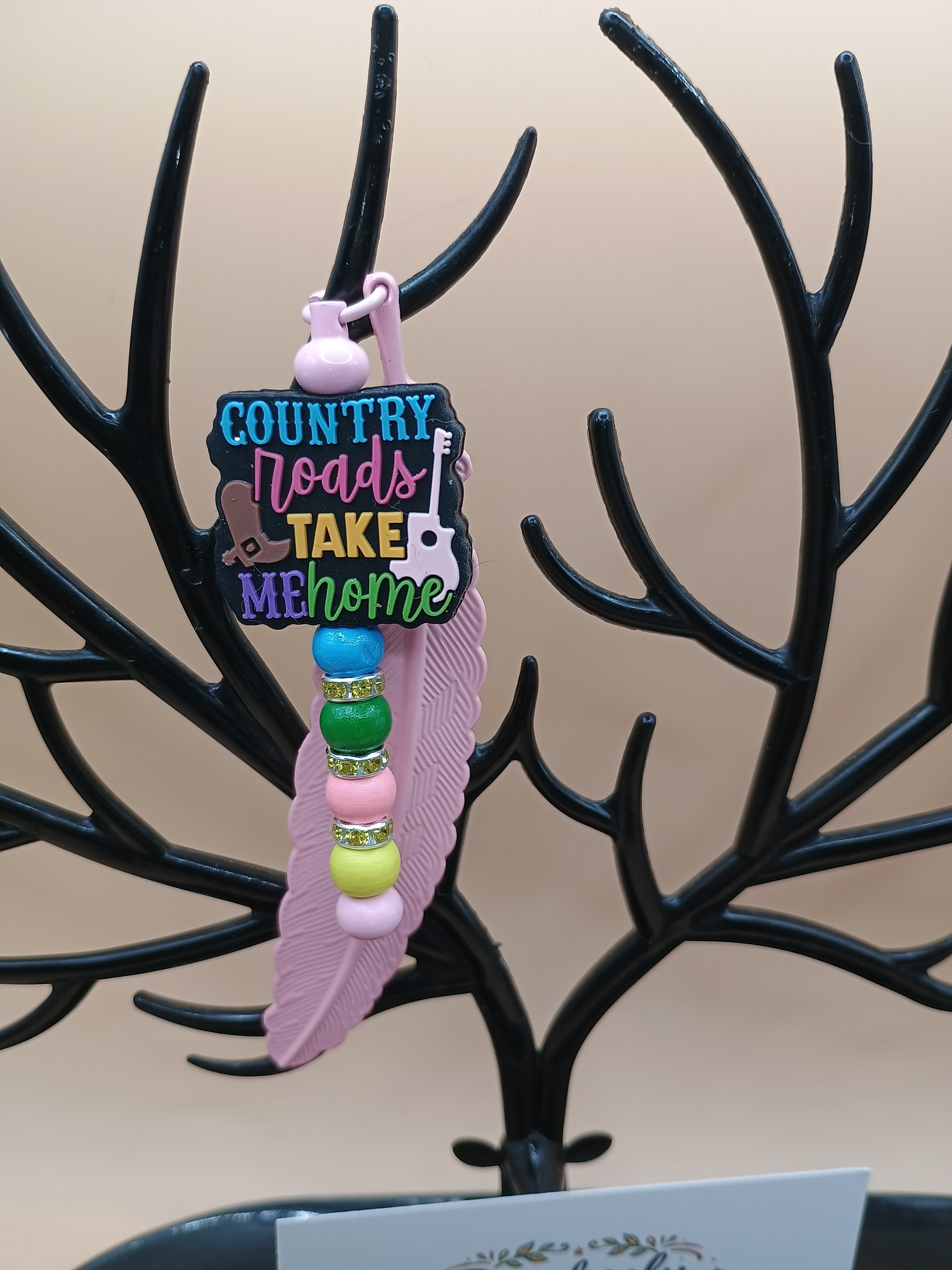“Country Roads Take Me Home” Cowboy Boots Feather Bookmark – Pink Metal Beaded Bookmark