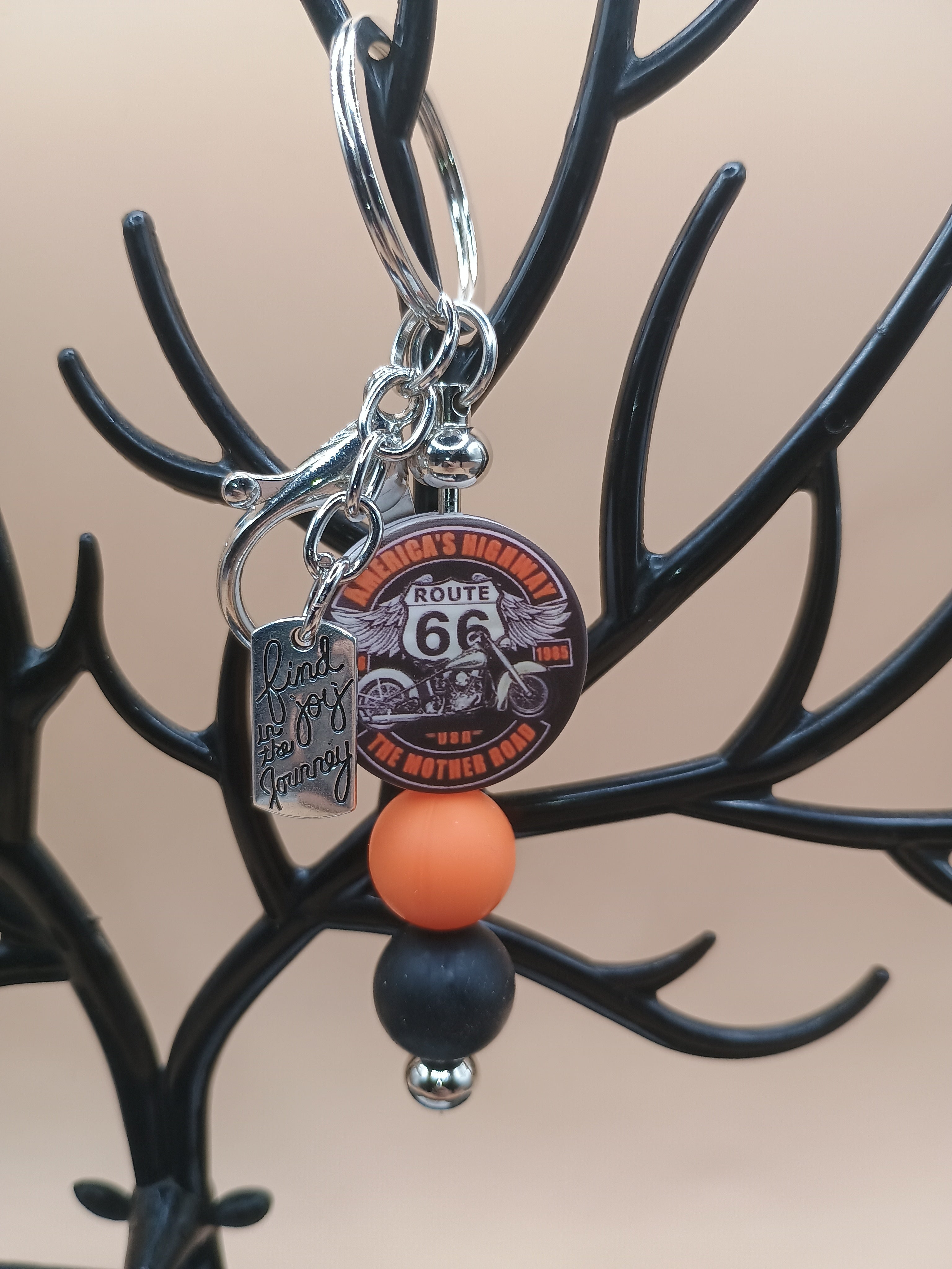 Route 66 Motorcycle Beaded Keychain – “America’s Highway” Silver Bag Charm