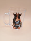 IMPERFECT-Black Cowgirl Clear Glass Mug – Western-Inspired Coffee Cup (Imperfect – Discounted)