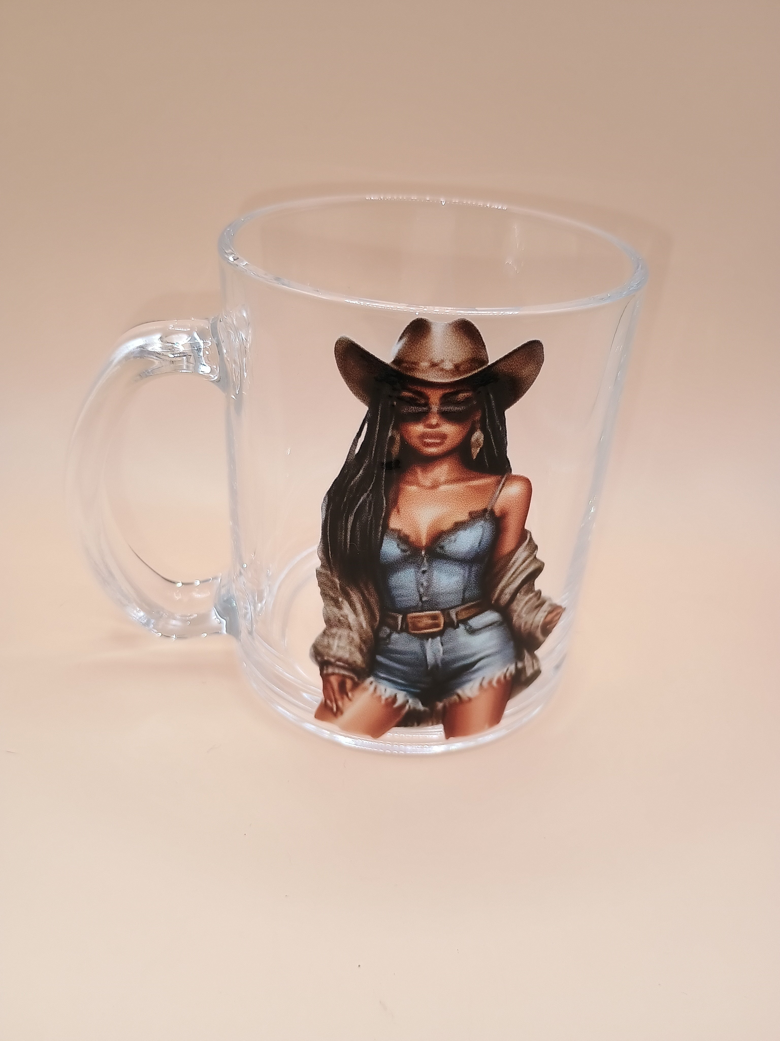 IMPERFECT-Black Cowgirl Clear Glass Mug – Western-Inspired Coffee Cup (Imperfect – Discounted)