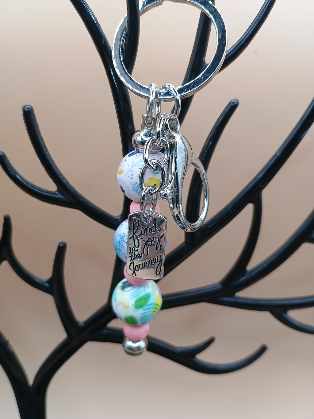 Floral Beaded Keychain with Pink Accents | Handmade Spring Keyring