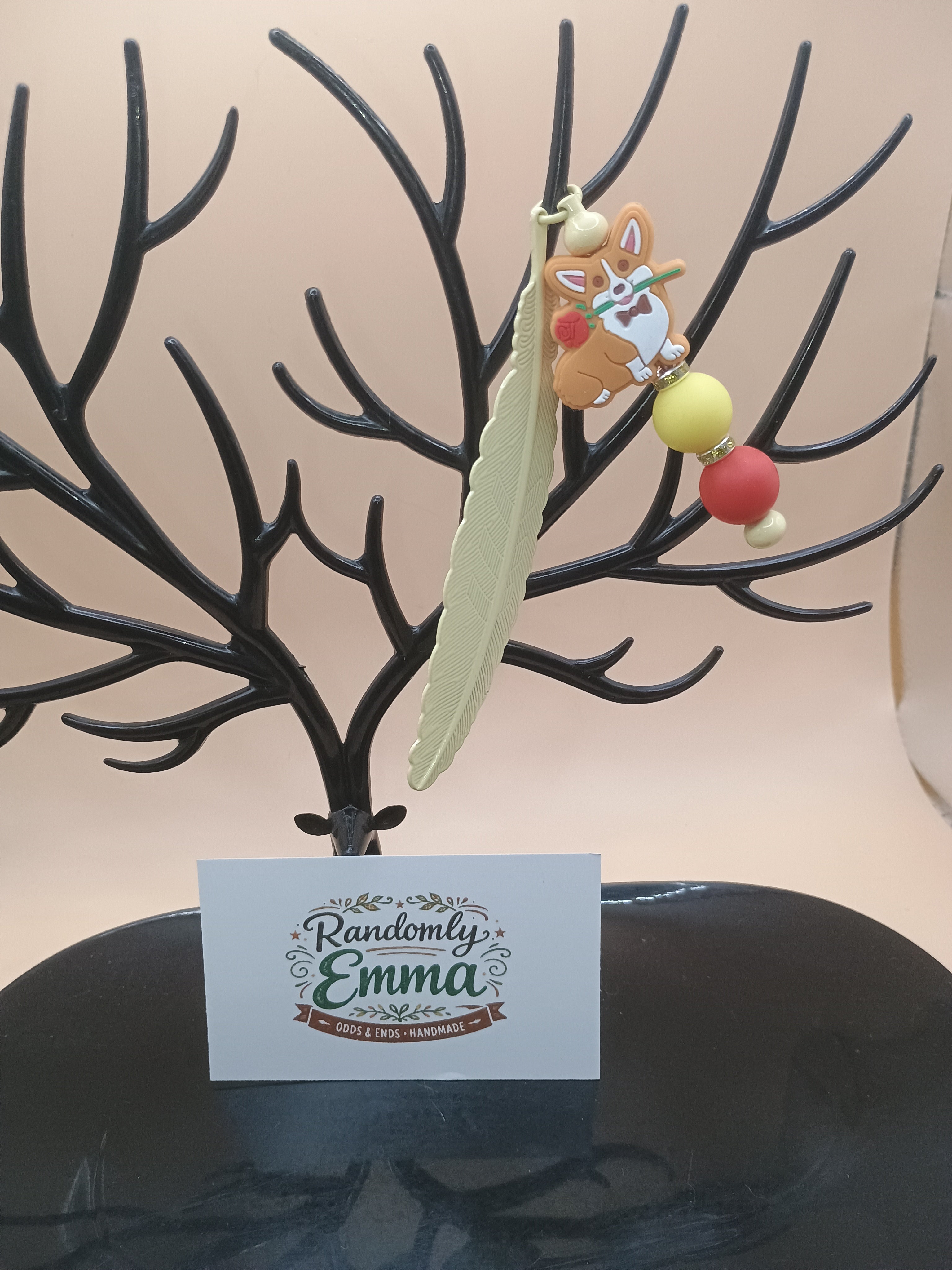 Corgi Bowtie Feather Bookmark – Yellow Metal Beaded Bookmark with Floral Dog Charm