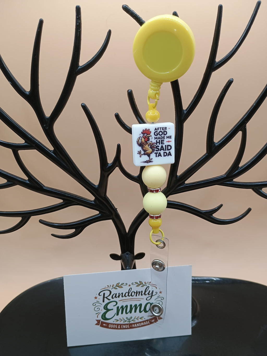 “When God Made Me He Said Ta Da” Rooster Beaded Badge Reel – Yellow Retractable ID Holder