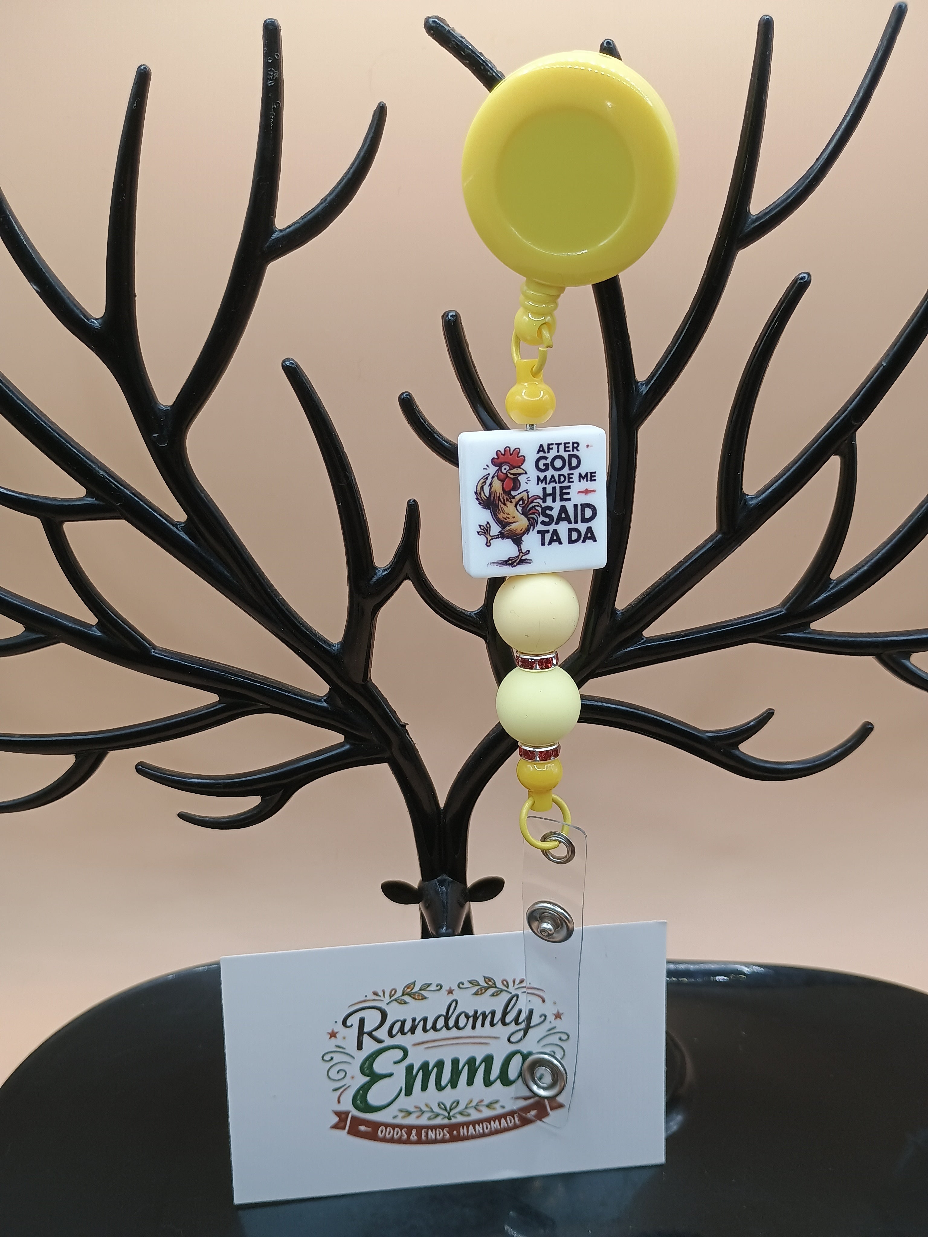 “When God Made Me He Said Ta Da” Rooster Beaded Badge Reel – Yellow Retractable ID Holder