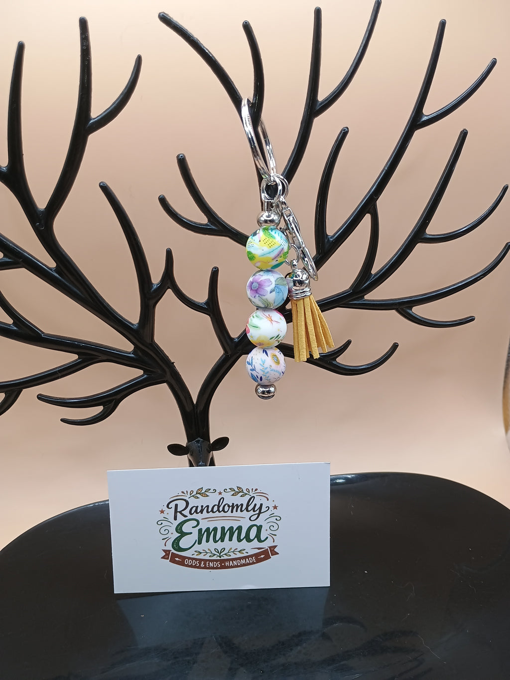 Multicolor Floral Beaded Keychain – Silver Metal Keychain with Yellow Tassel