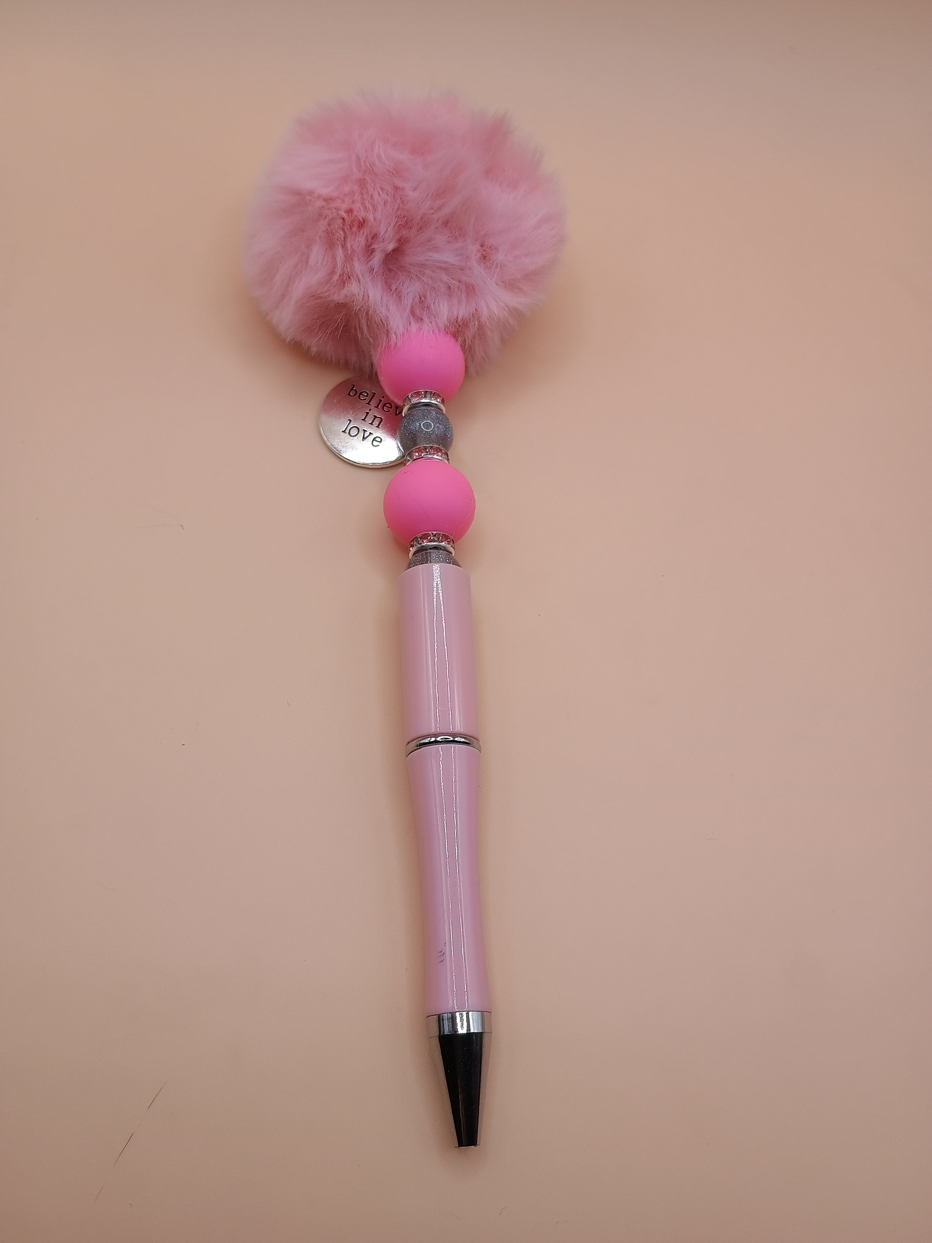 “Believe in Love” Pink Fluffy Beaded Pen – Handmade 1.0 Ink Pen
