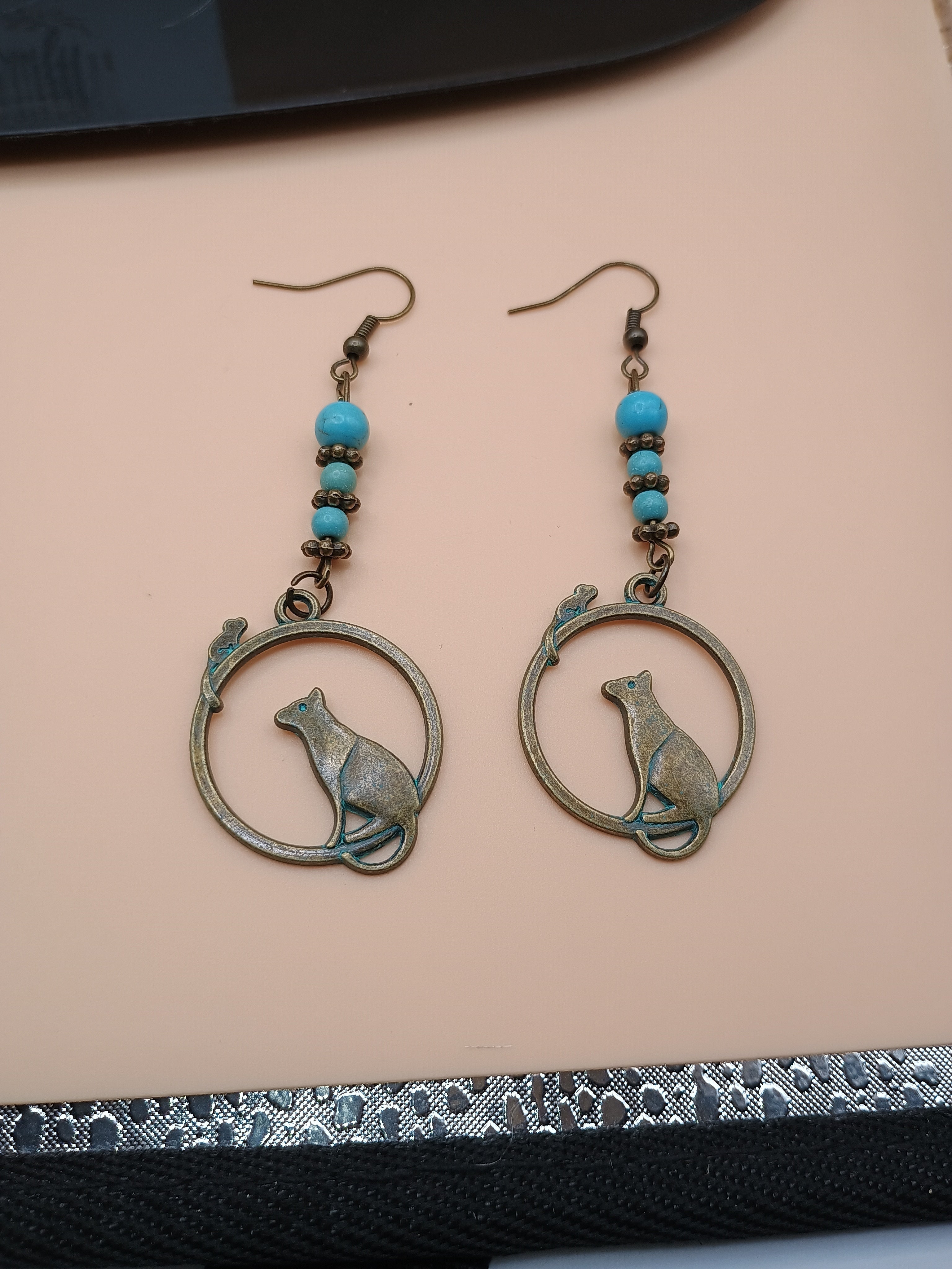 Cat & Mouse Circle Drop Earrings – Antique Bronze Faux Turquoise Animal Jewelry