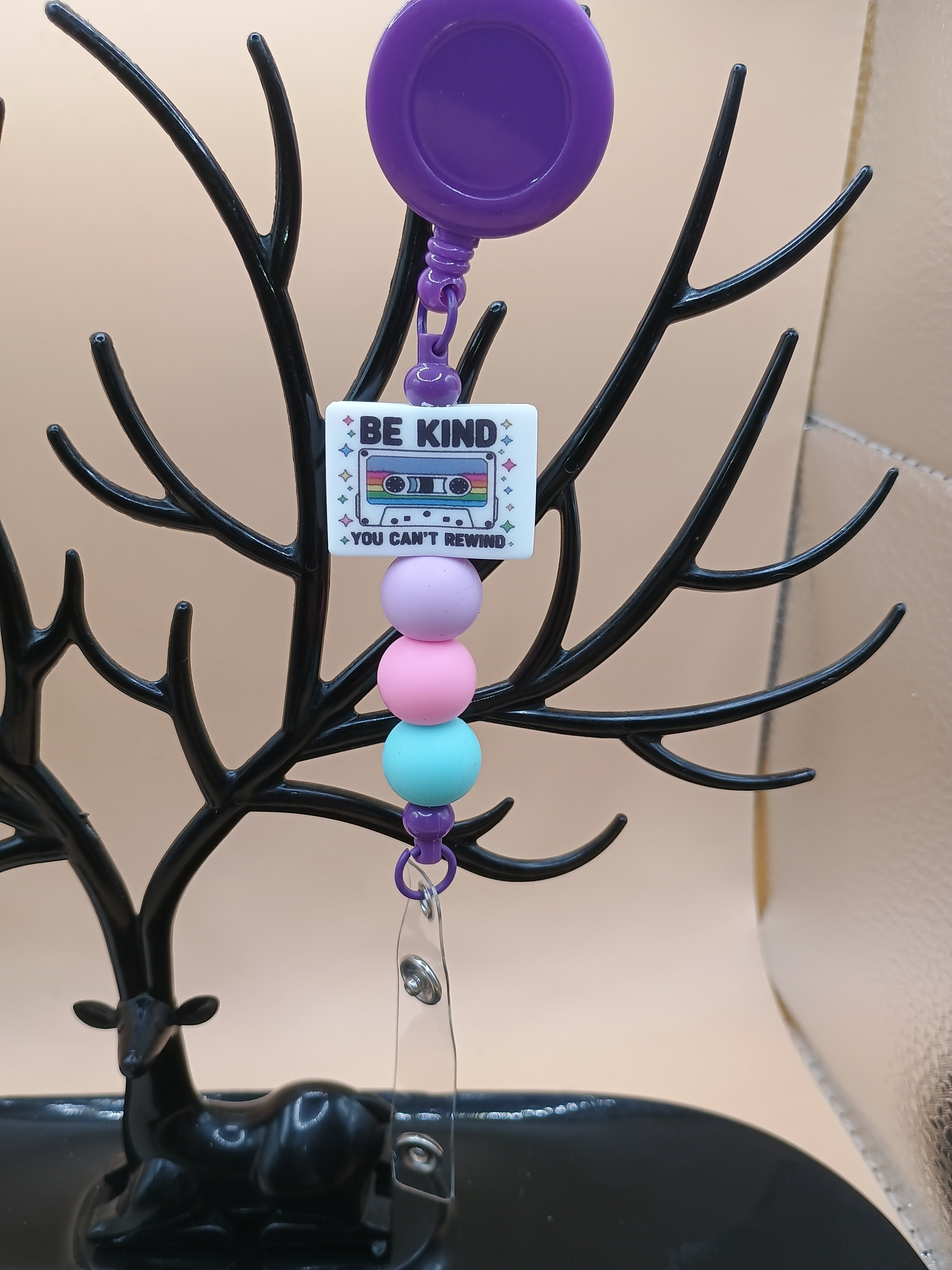 “Be Kind You Can’t Rewind” Beaded Badge Reel – Purple Retractable ID Holder
