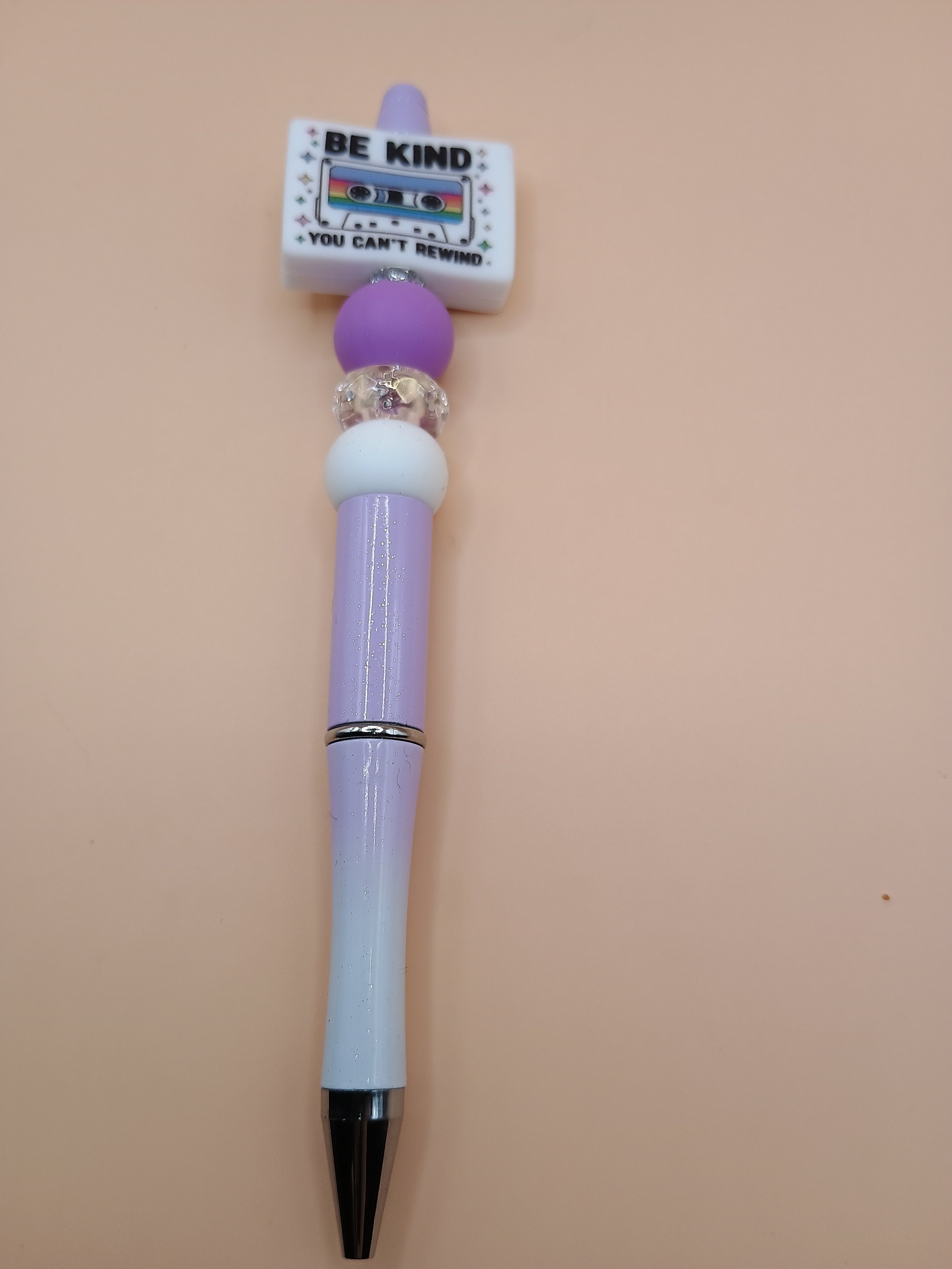 Be Kind. You Can’t Rewind – Purple Beaded Pen with Inspirational Focal Bead